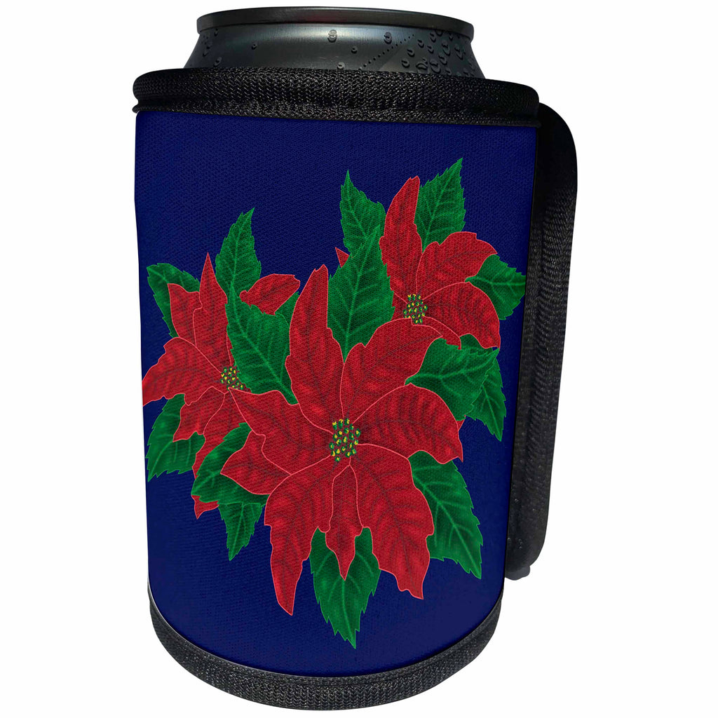 3dRose 777images Digital Paintings Floral - Cluster of three Poinsettias on a dark blue background - Can Cooler Bottle Wrap (cc_262904)
