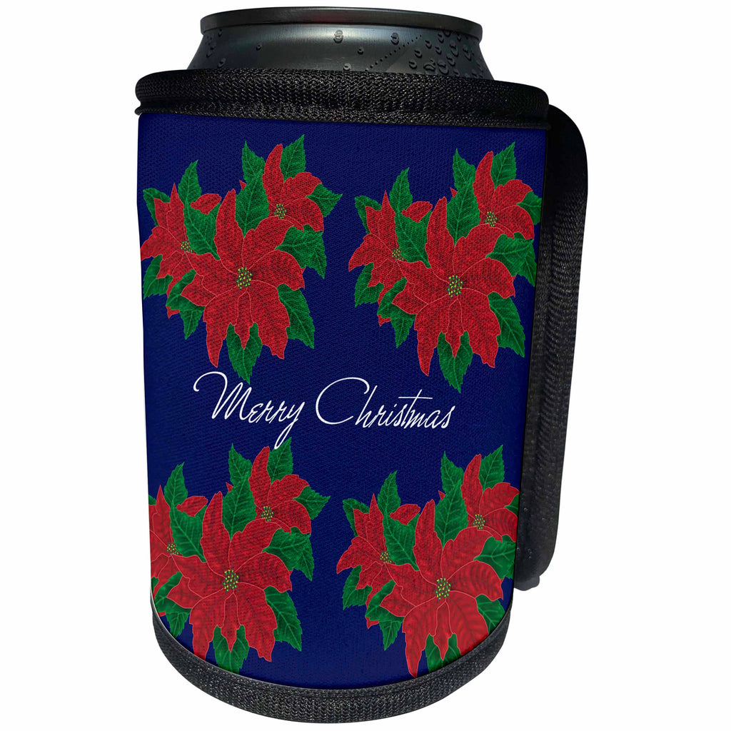 3dRose 777images Designs Holidays - Four clusters of Poinsettias with Merry Christmas on a blue background - Can Cooler Bottle Wrap (cc_262905)