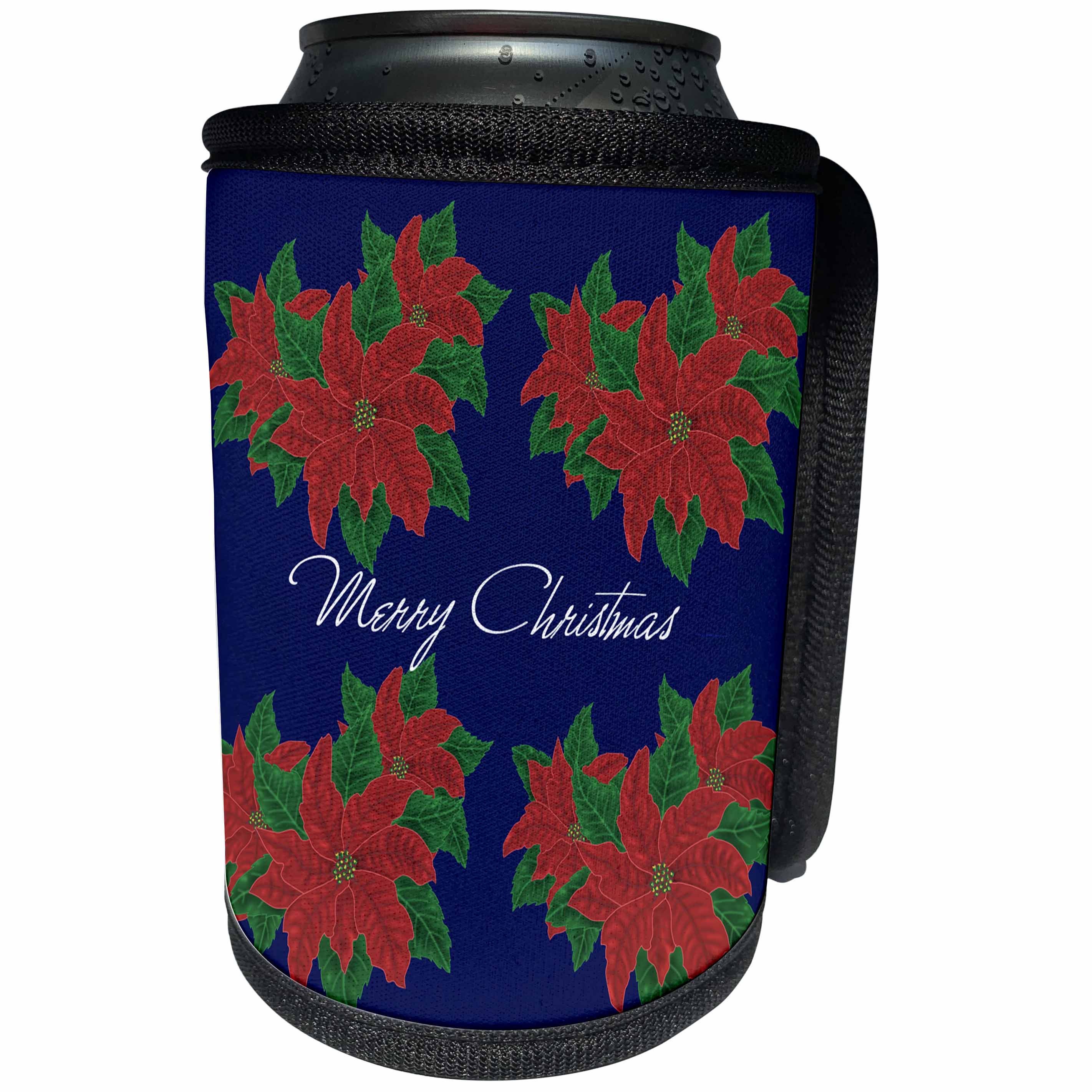 3dRose 777images Designs Holidays - Four clusters of Poinsettias with Merry Christmas on a blue background - Can Cooler Bottle Wrap (cc_262905)