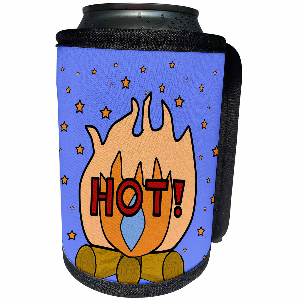 3dRose 777images Designs Cartoons - A campfire and the word HOT in classic Pop Art style. Very colorful. - Can Cooler Bottle Wrap (cc_262907)