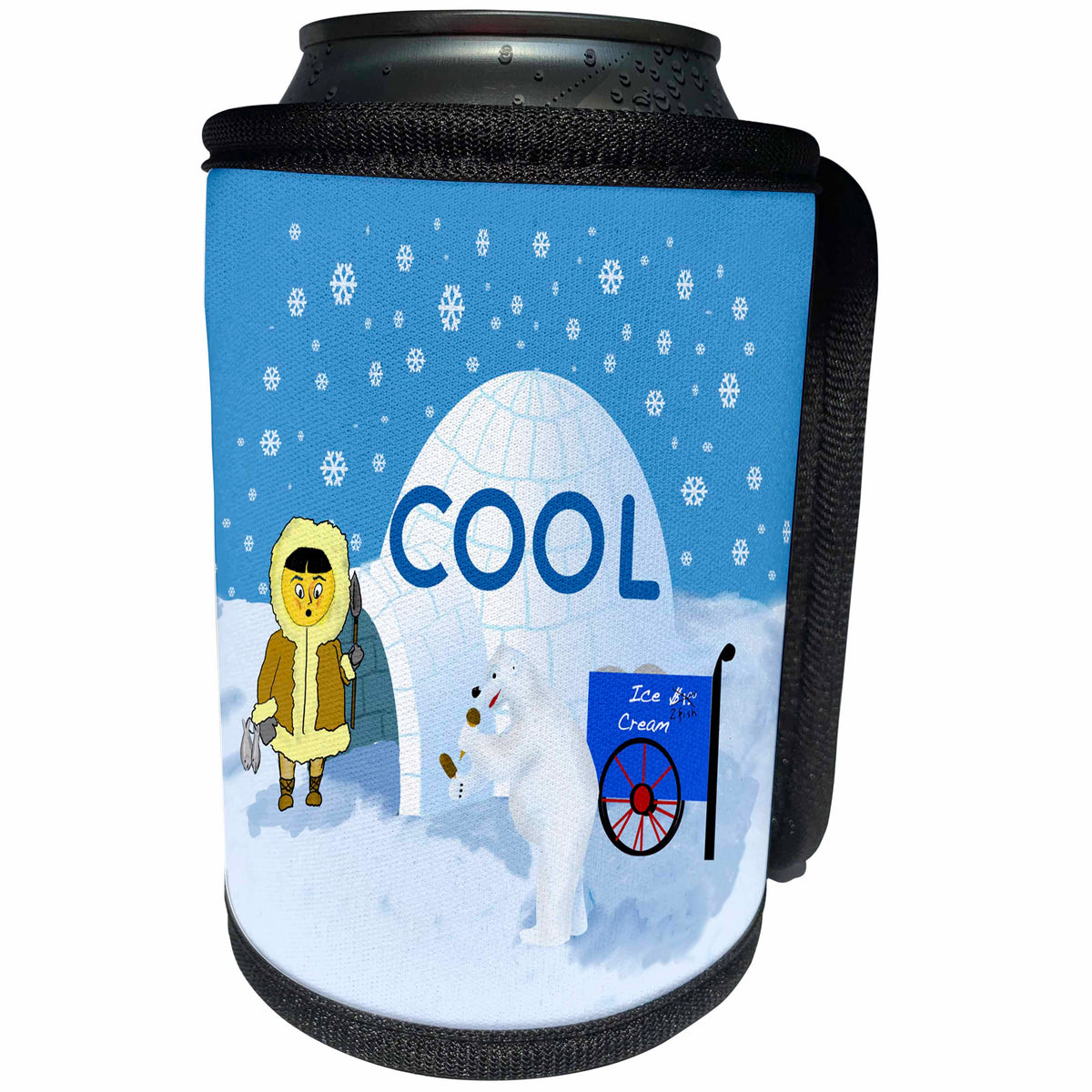 3dRose 777images Designs Cartoons - Cool cartoon. Igloo and polar bear selling ice cream confront Eskimo. - Can Cooler Bottle Wrap (cc_262908)