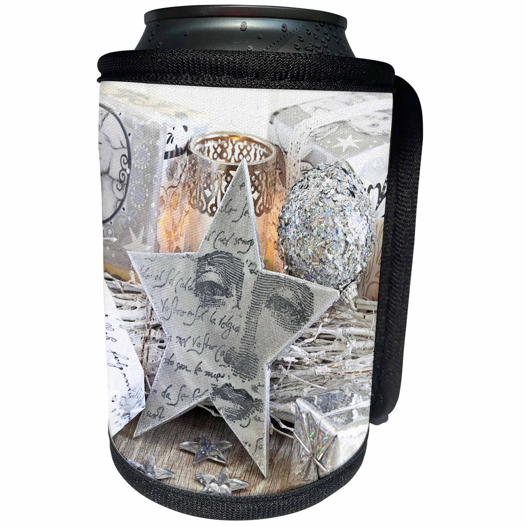 3dRose Andrea Haase Christmas Photography - Christmas star nostalgic and ornaments silver and white - Can Cooler Bottle Wrap (cc_262938)