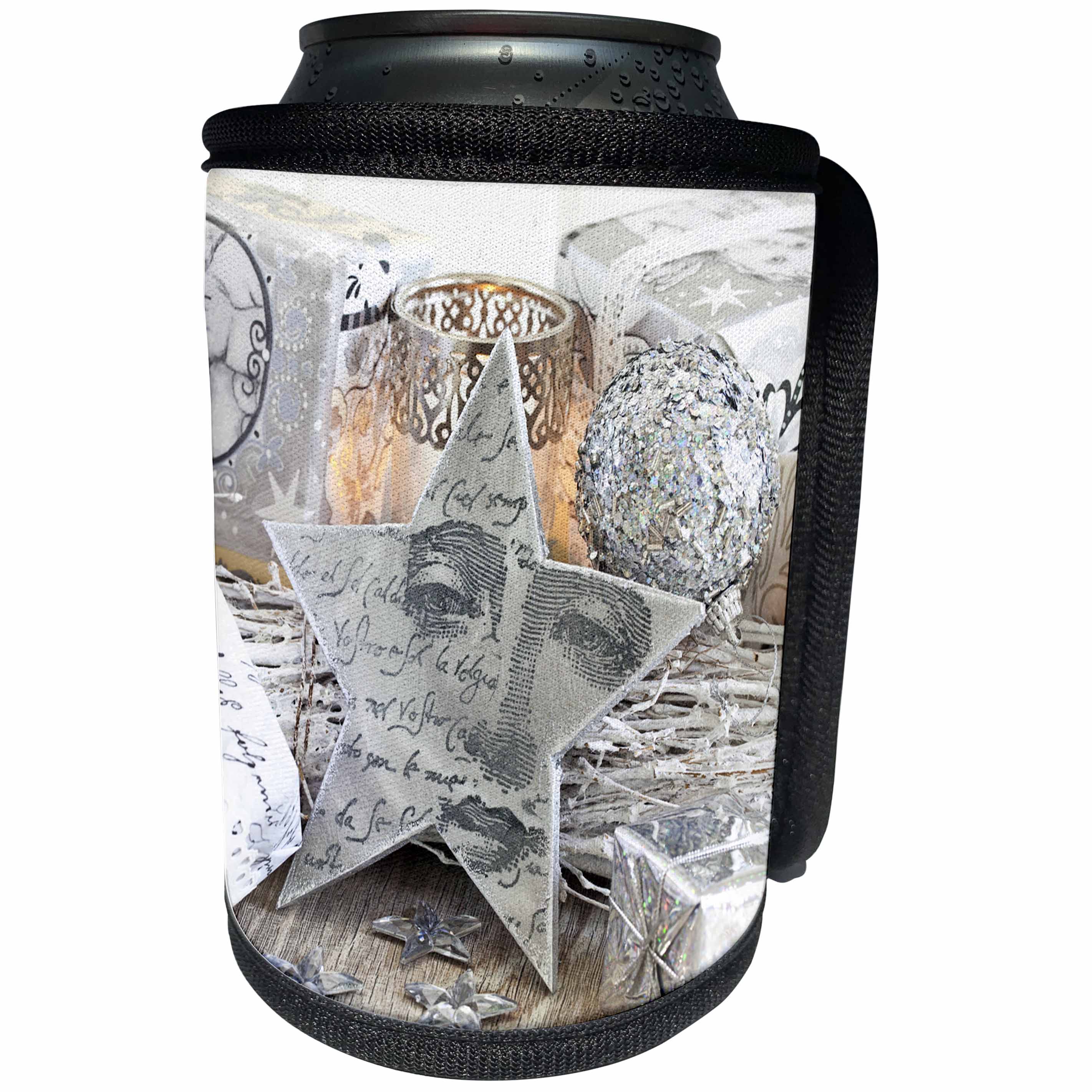 3dRose Andrea Haase Christmas Photography - Christmas star nostalgic and ornaments silver and white - Can Cooler Bottle Wrap (cc_262938)