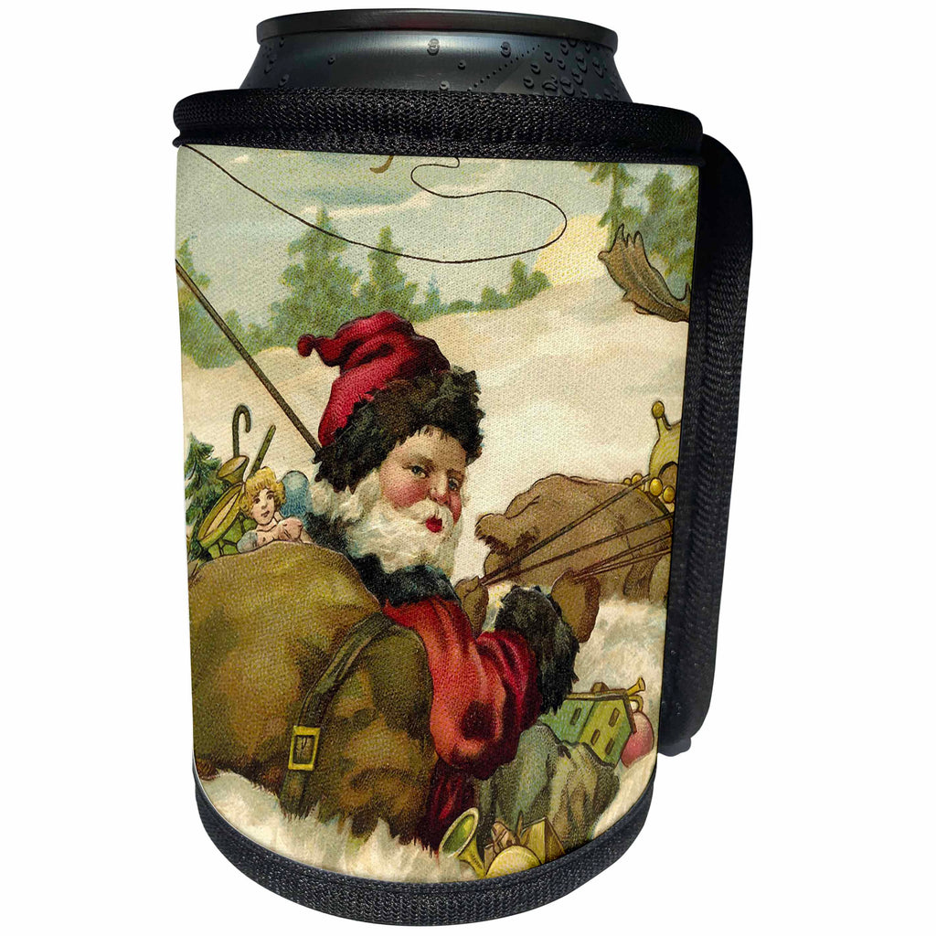 3dRose Andrea Haase Christmas Vintage - Retro friendly Santa riding his sleigh illustration - Can Cooler Bottle Wrap (cc_262950)