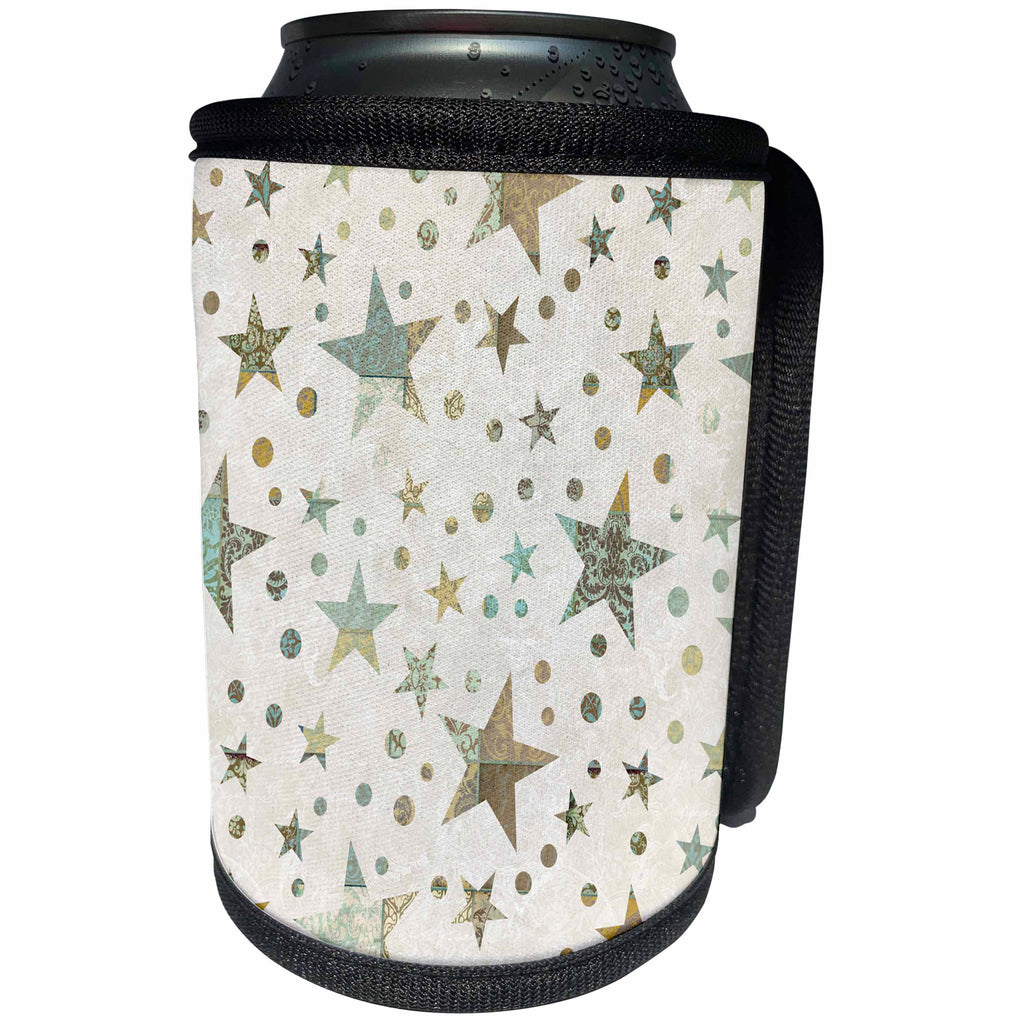 3dRose Andrea Haase Christmas Pattern - Christmas allover pattern with patchwork stars in beige and teal - Can Cooler Bottle Wrap (cc_262952)