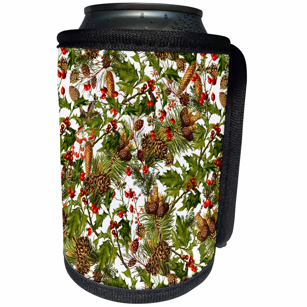 3dRose Andrea Haase Christmas Pattern - Christmas allover pattern with holly and pine cones - Can Cooler Bottle Wrap (cc_262954)