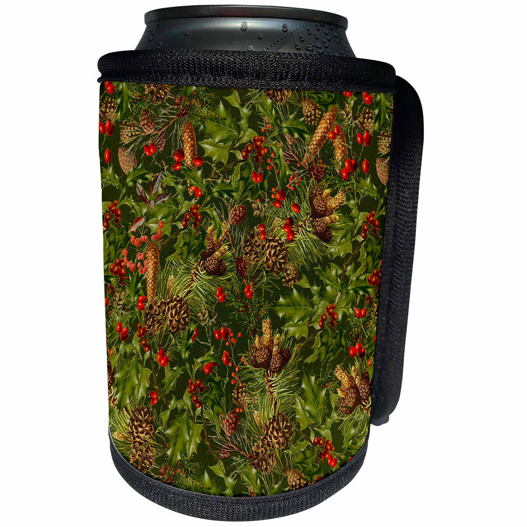 3dRose Andrea Haase Christmas Pattern - Christmas allover pattern holly and pine cones - Can Cooler Bottle Wrap (cc_262955)