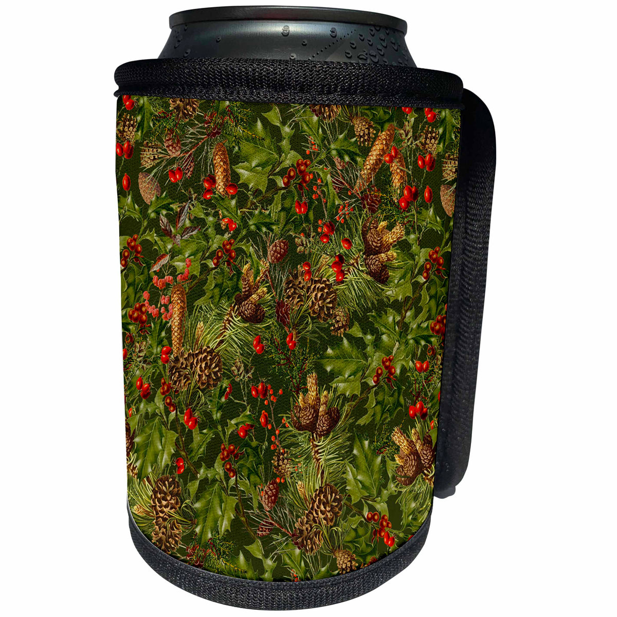 3dRose Andrea Haase Christmas Pattern - Christmas allover pattern holly and pine cones - Can Cooler Bottle Wrap (cc_262955)