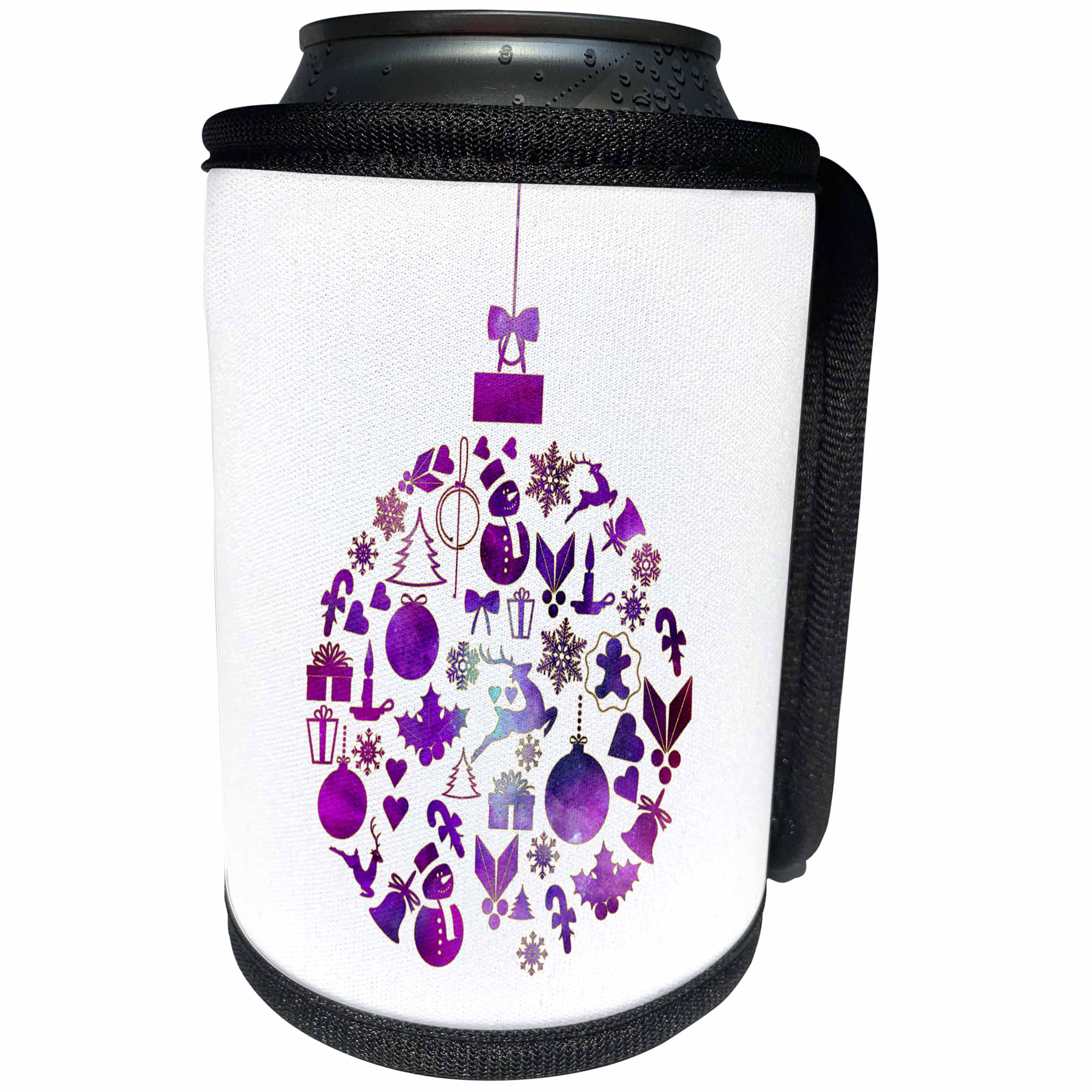 3dRose Andrea Haase Christmas Illustration - Christmas bauble filled with a pattern of xmas ornaments purple watercolor - Can Cooler Bottle Wrap (cc_262958)
