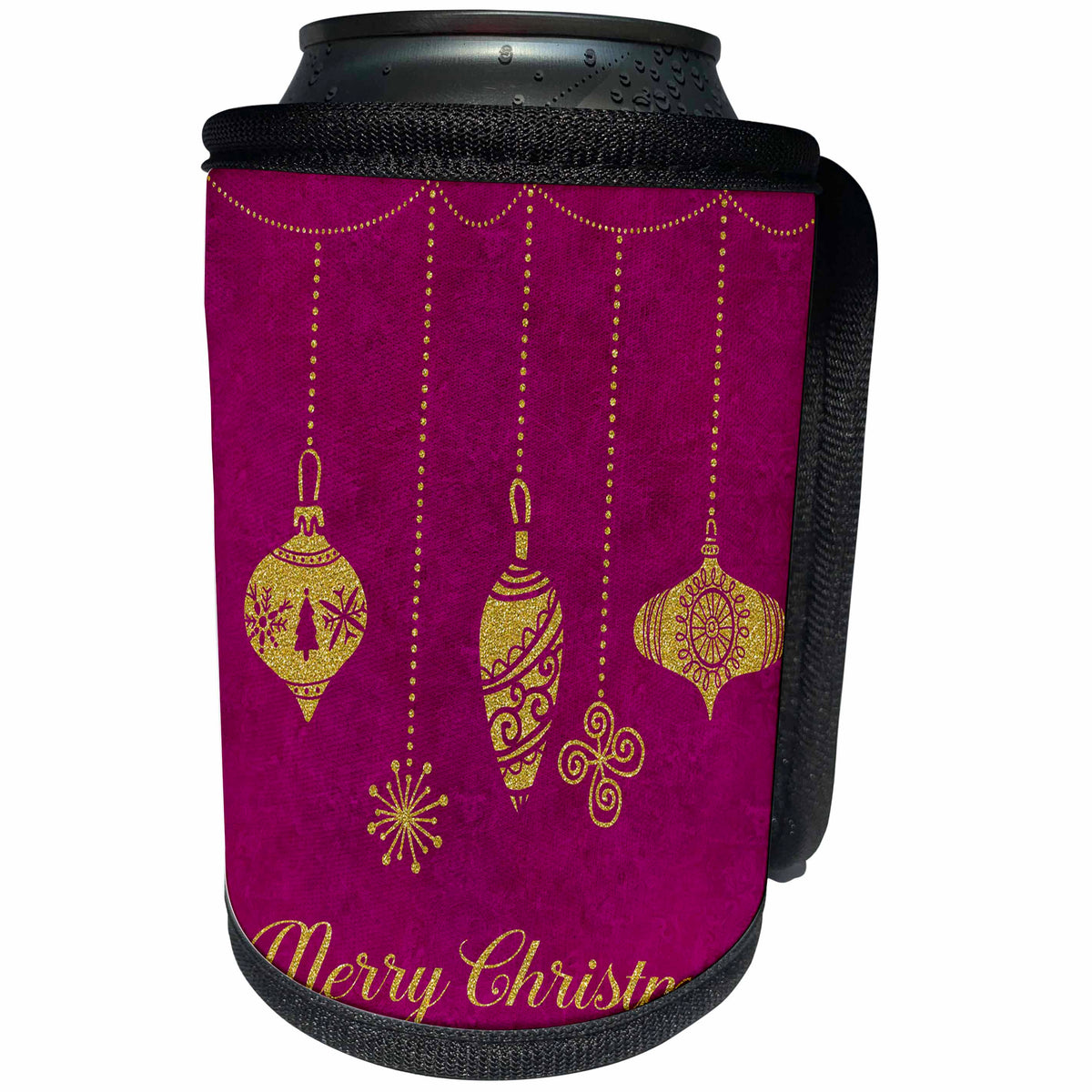 3dRose Andrea Haase Christmas Glamour - Christmas ornaments gold on red with text Merry Christmas - Can Cooler Bottle Wrap (cc_262960)