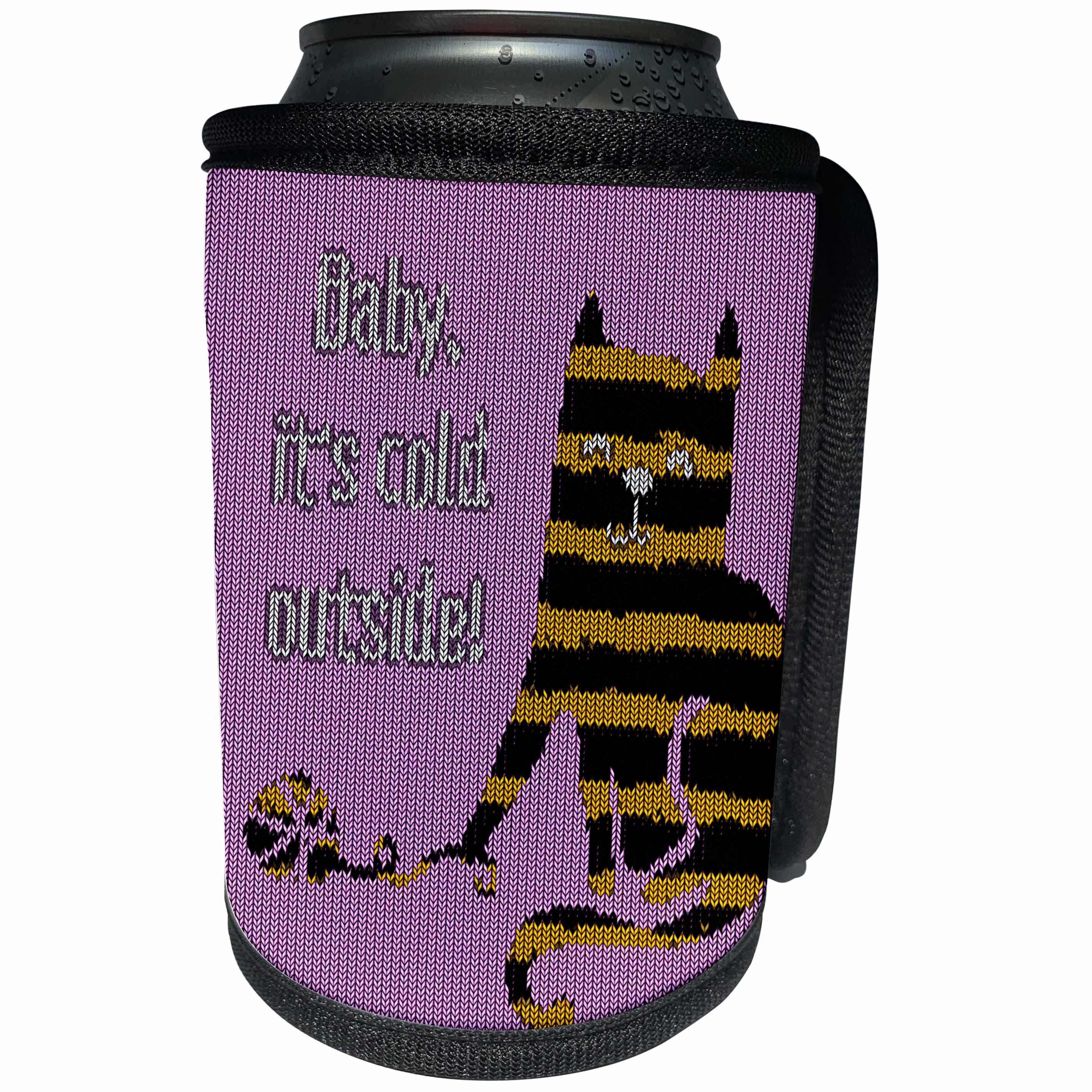 3dRose Andrea Haase Christmas Illustration - Knitted cat winter illustration with text Baby its cold outside - Can Cooler Bottle Wrap (cc_262962)