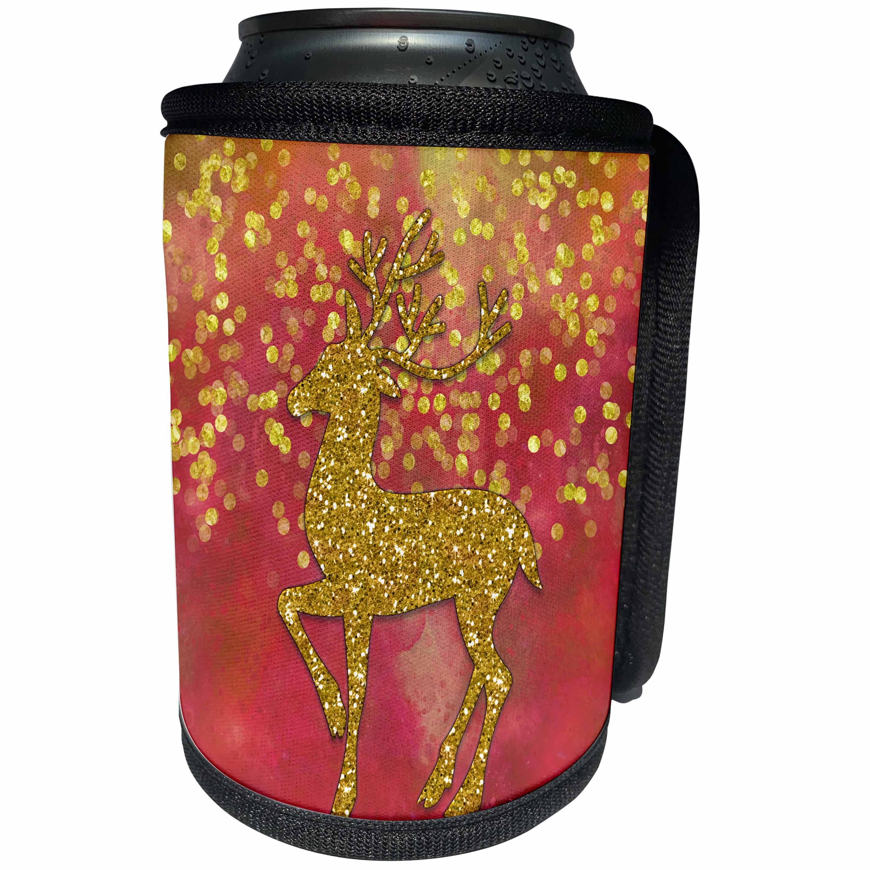 3dRose Andrea Haase Christmas Glamour - Red watercolor background with deer and golden bokeh pattern - Can Cooler Bottle Wrap (cc_262965)