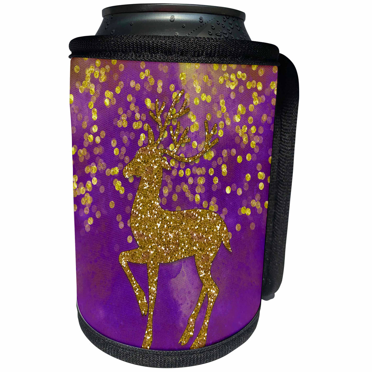 3dRose Andrea Haase Christmas Glamour - Purple watercolor background with deer and golden bokeh pattern - Can Cooler Bottle Wrap (cc_262966)