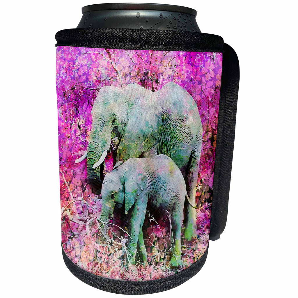 3dRose Andrea Haase Animals Illustration - Elephant mother and baby illustration in pink colors - Can Cooler Bottle Wrap (cc_262967)