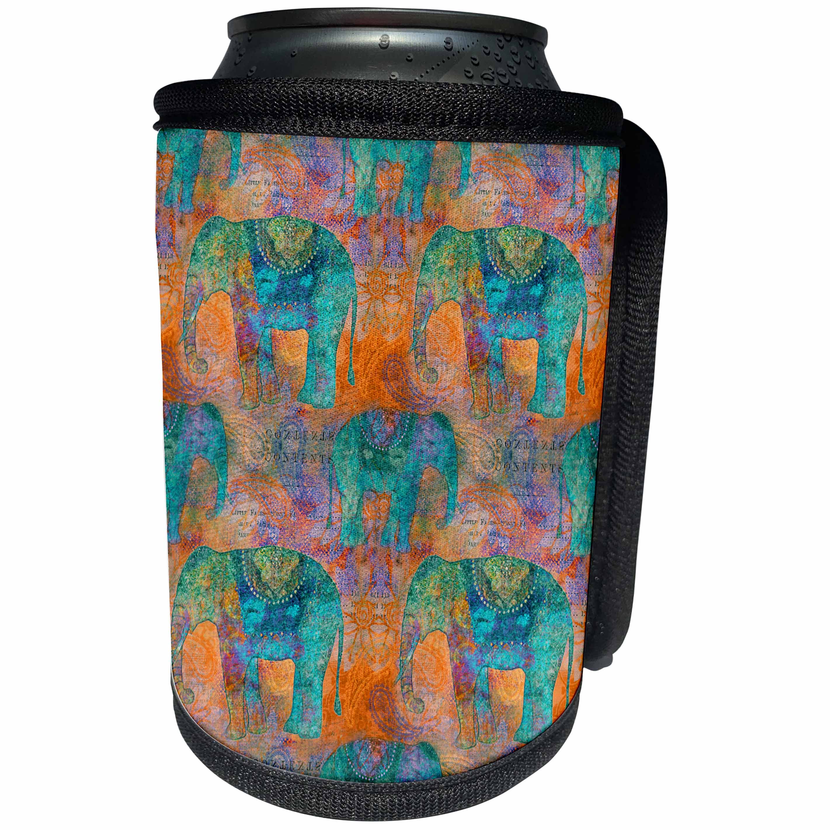 3dRose Andrea Haase Animals Illustration - Ethnic inspired elephant pattern in orange and turquoise - Can Cooler Bottle Wrap (cc_262979)