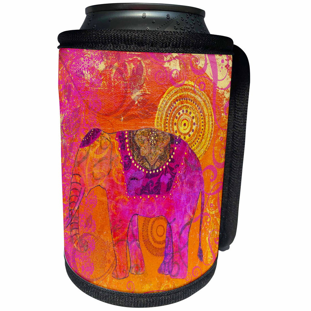 3dRose Andrea Haase Animals Illustration - Ethnic inspired elephant painting in orange and pink - Can Cooler Bottle Wrap (cc_262980)