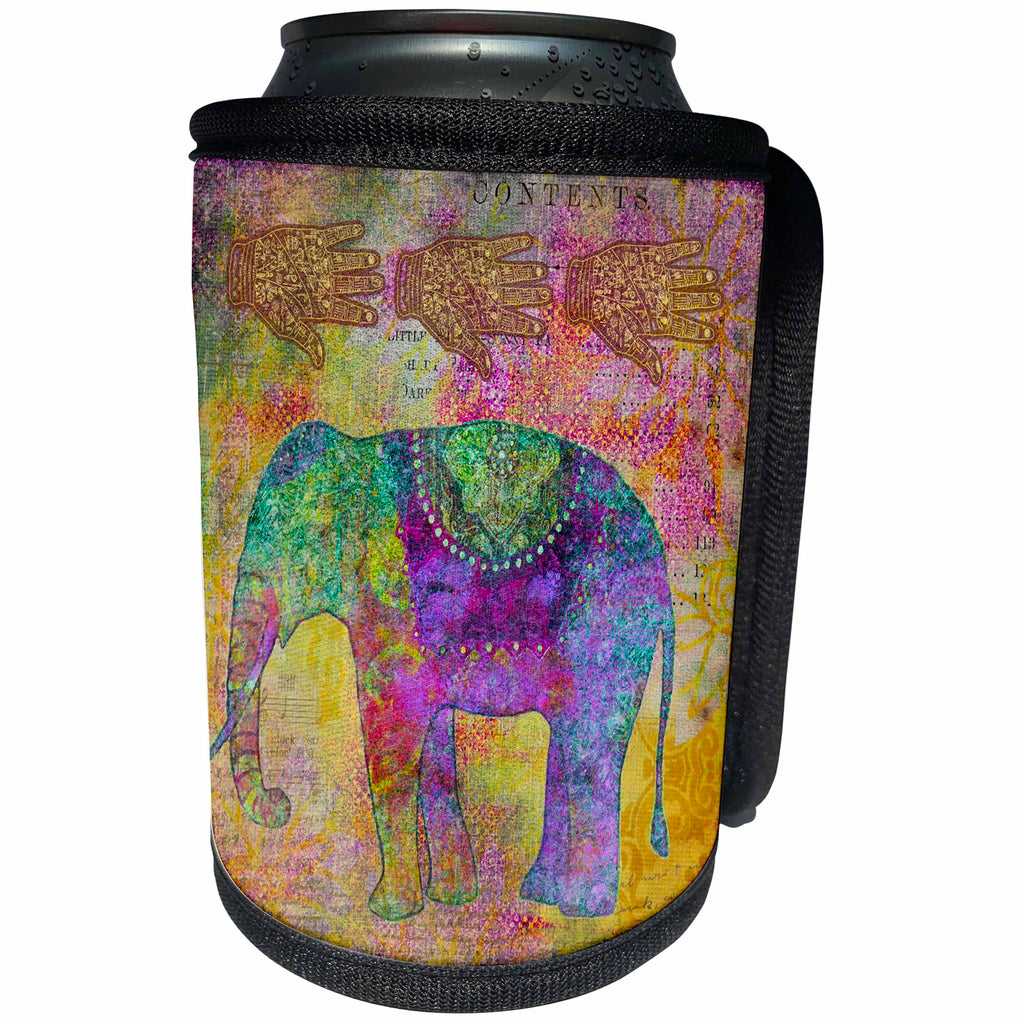 3dRose Andrea Haase Animals Illustration - Ethnic inspired elephant art in green yellow and purple - Can Cooler Bottle Wrap (cc_262981)