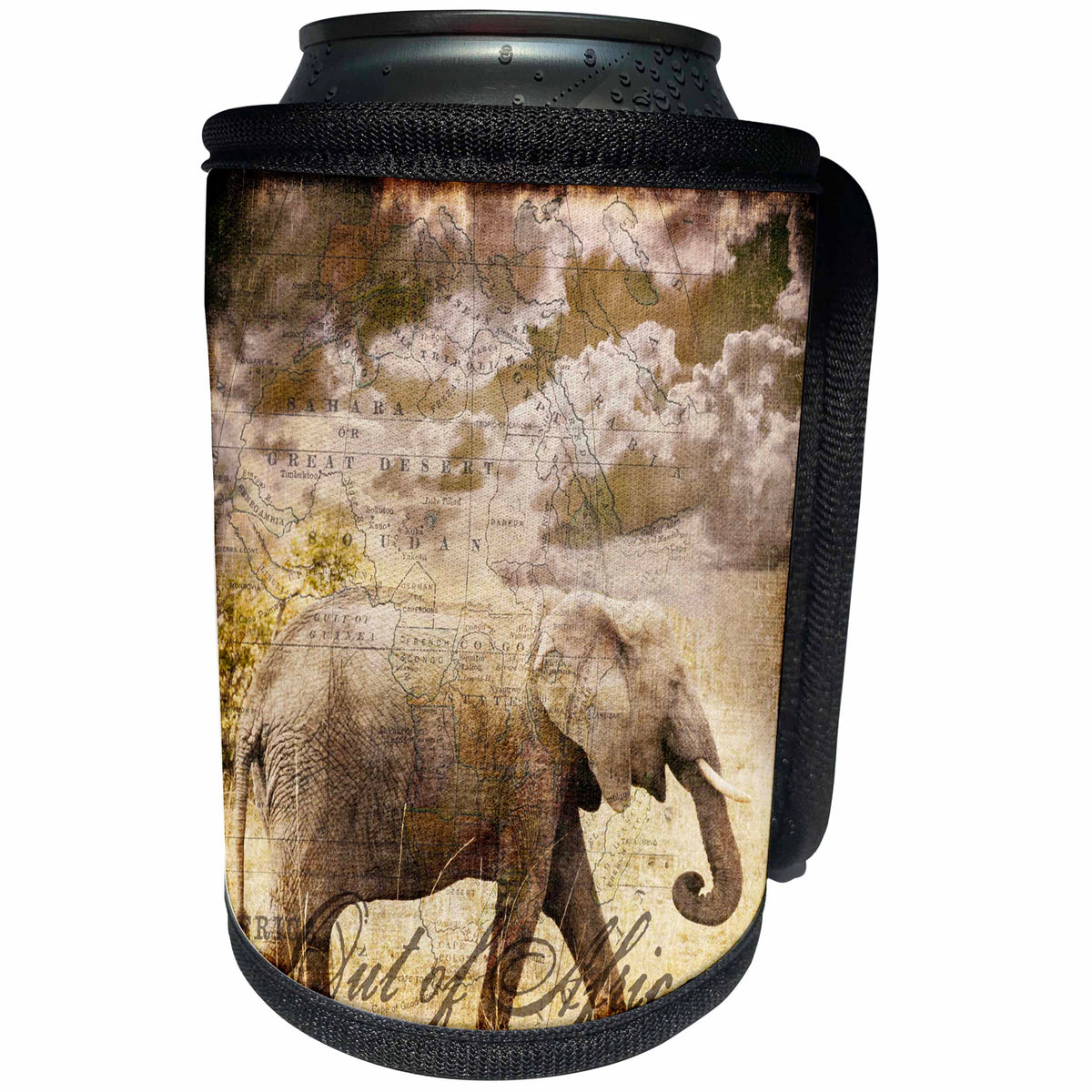 3dRose Andrea Haase Animals Illustration - Elephant mixed media collage out of Africa text - Can Cooler Bottle Wrap (cc_262986)