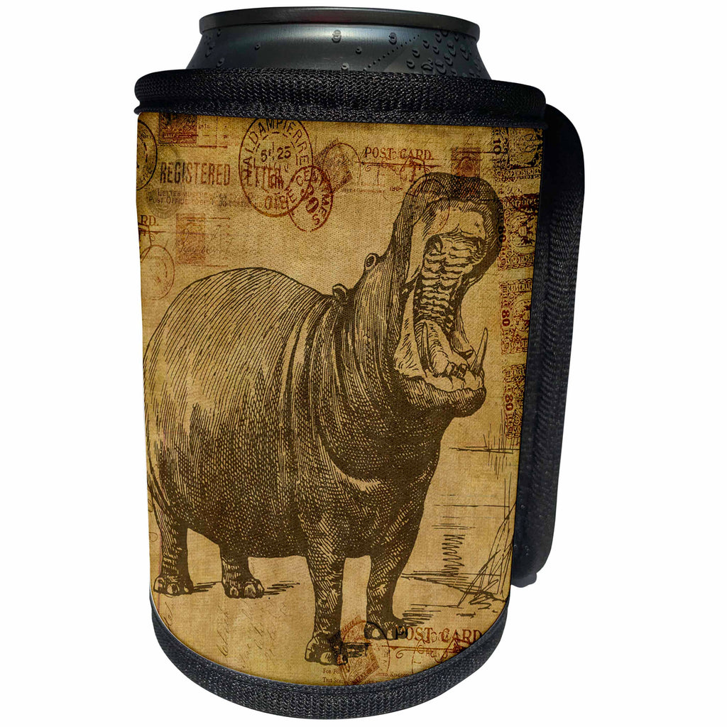 3dRose Andrea Haase Animals Illustration - Vintage hippo illustration - Can Cooler Bottle Wrap (cc_262989)