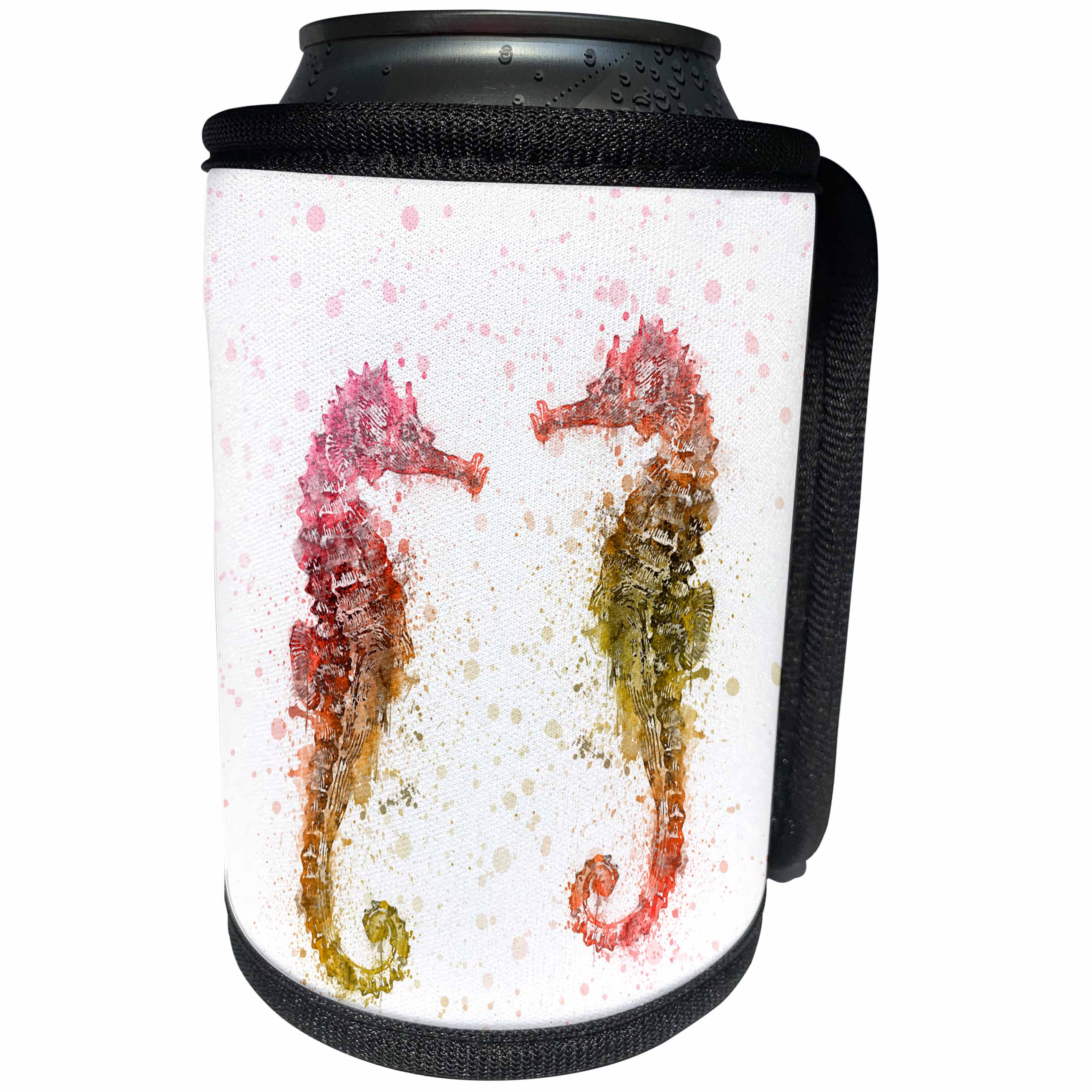 3dRose Andrea Haase Animals Illustration - Seahorse couple watercolor painting green red - Can Cooler Bottle Wrap (cc_262996)