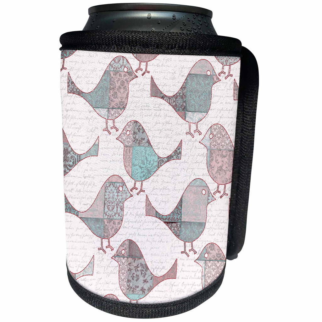 3dRose Andrea Haase Animals Illustration - Bird illustration patchwork pattern teal and beige - Can Cooler Bottle Wrap (cc_262999)