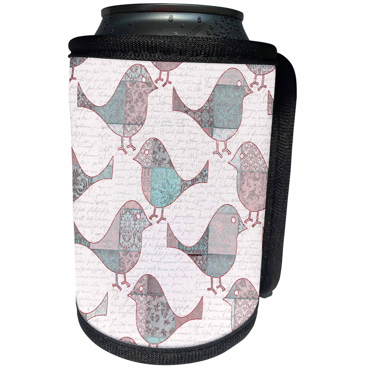 3dRose Andrea Haase Animals Illustration - Bird illustration patchwork pattern teal and beige - Can Cooler Bottle Wrap (cc_262999)