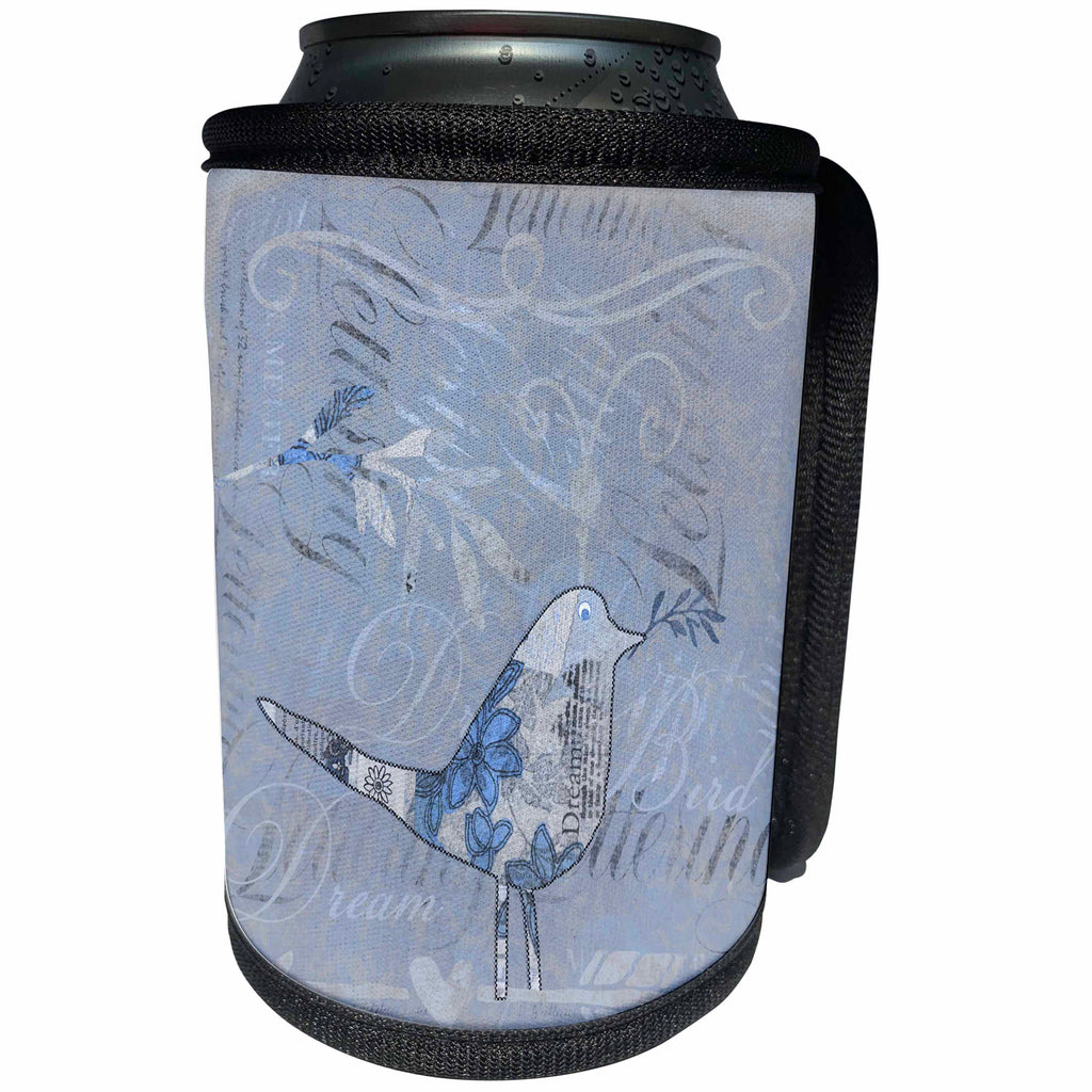 3dRose Andrea Haase Animals Illustration - Collage with cute little blue bird and typography - Can Cooler Bottle Wrap (cc_263003)
