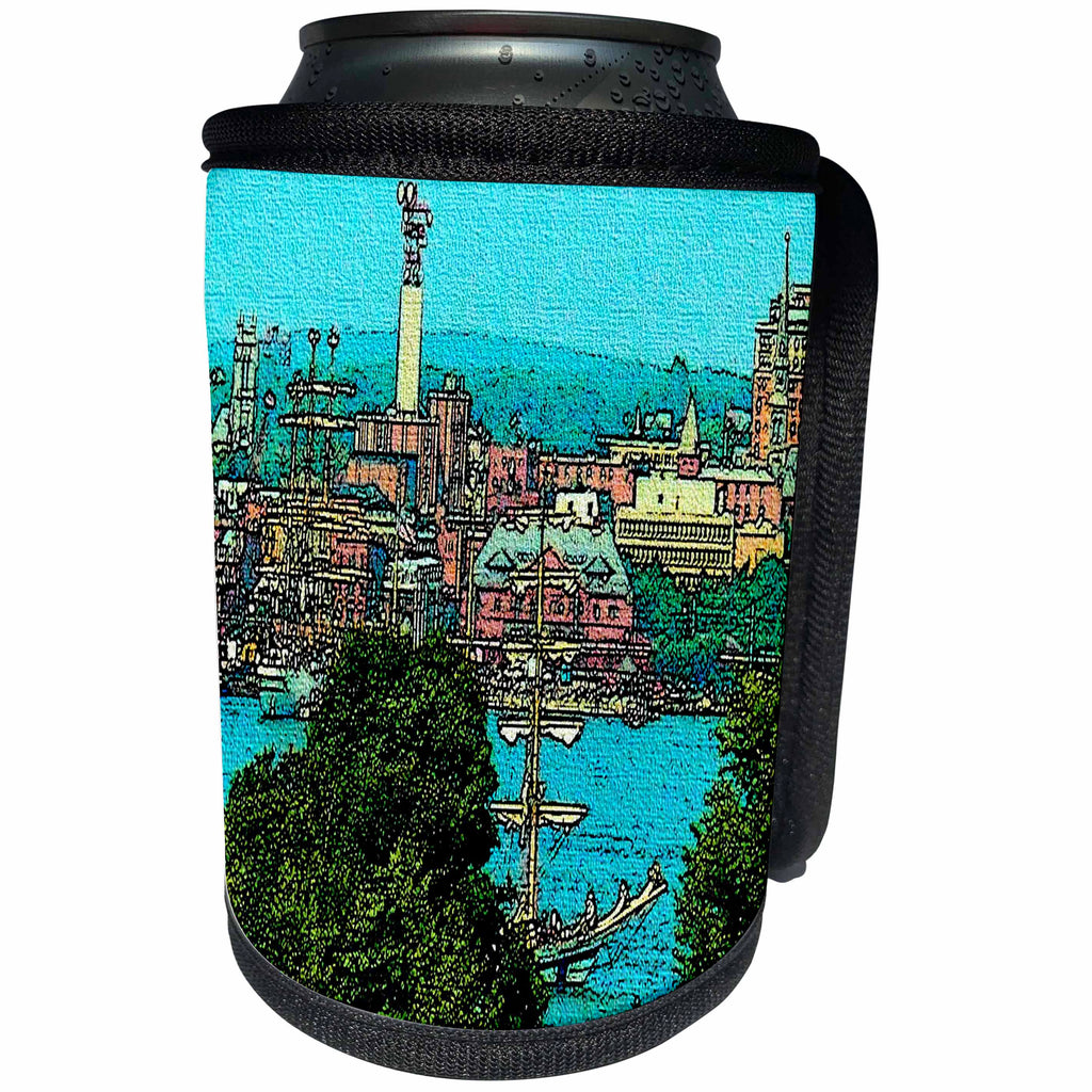3dRose Sandy Mertens Connecticut - City of New London Cartoon on Canvas - Can Cooler Bottle Wrap (cc_26301)