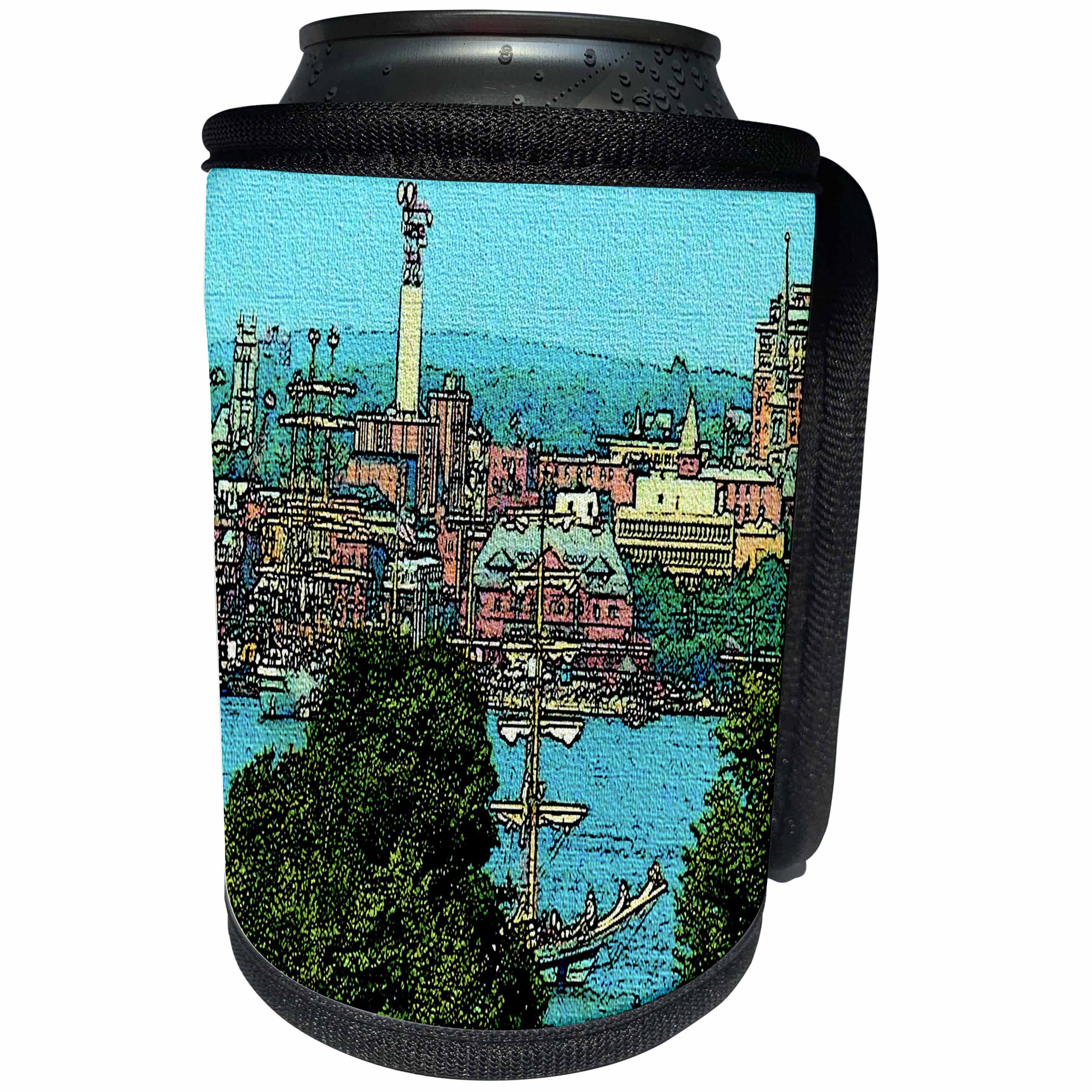 3dRose Sandy Mertens Connecticut - City of New London Cartoon on Canvas - Can Cooler Bottle Wrap (cc_26301)