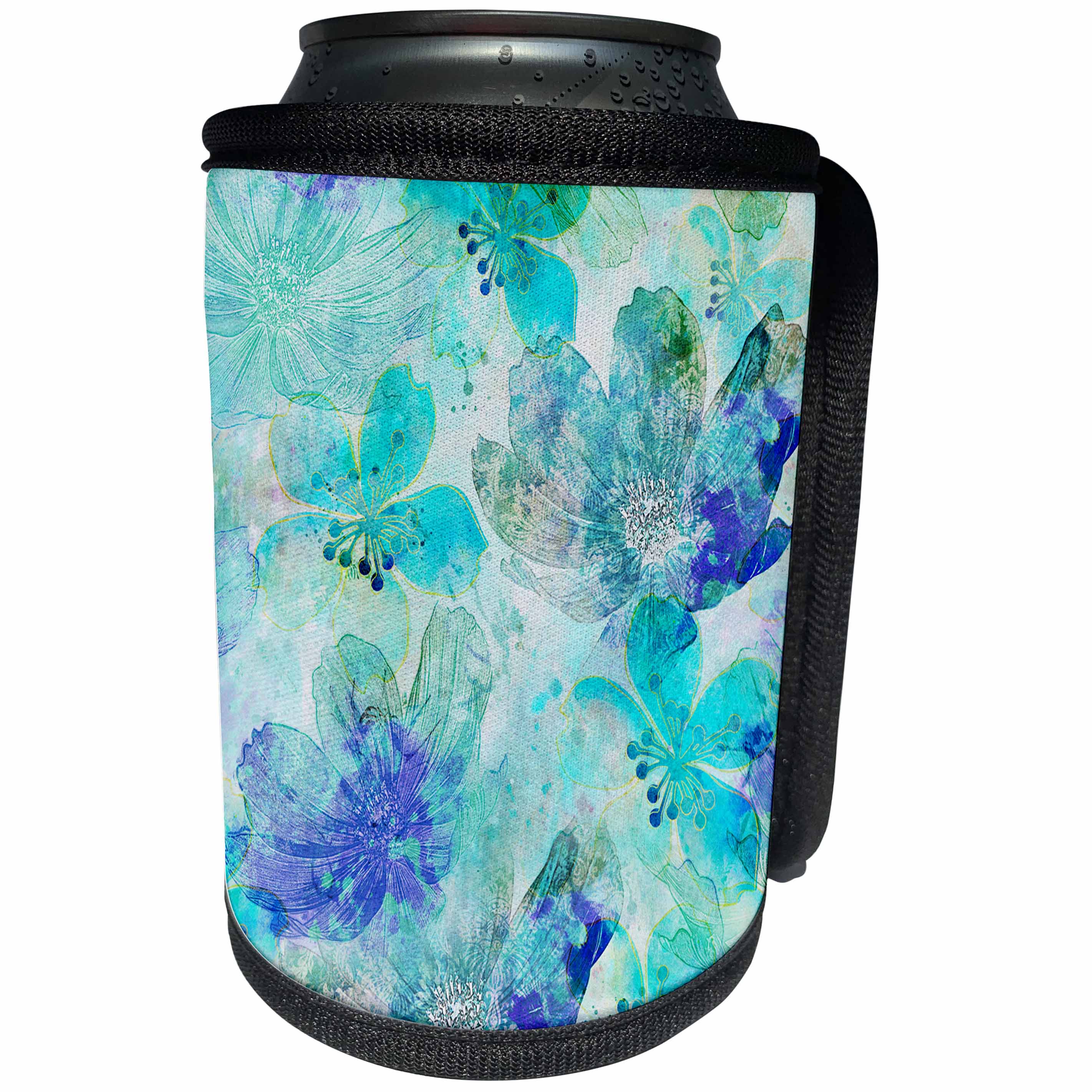 3dRose Andrea Haase Illustration Floral - Mixed media art abstract flower patter turquoise blue - Can Cooler Bottle Wrap (cc_263013)