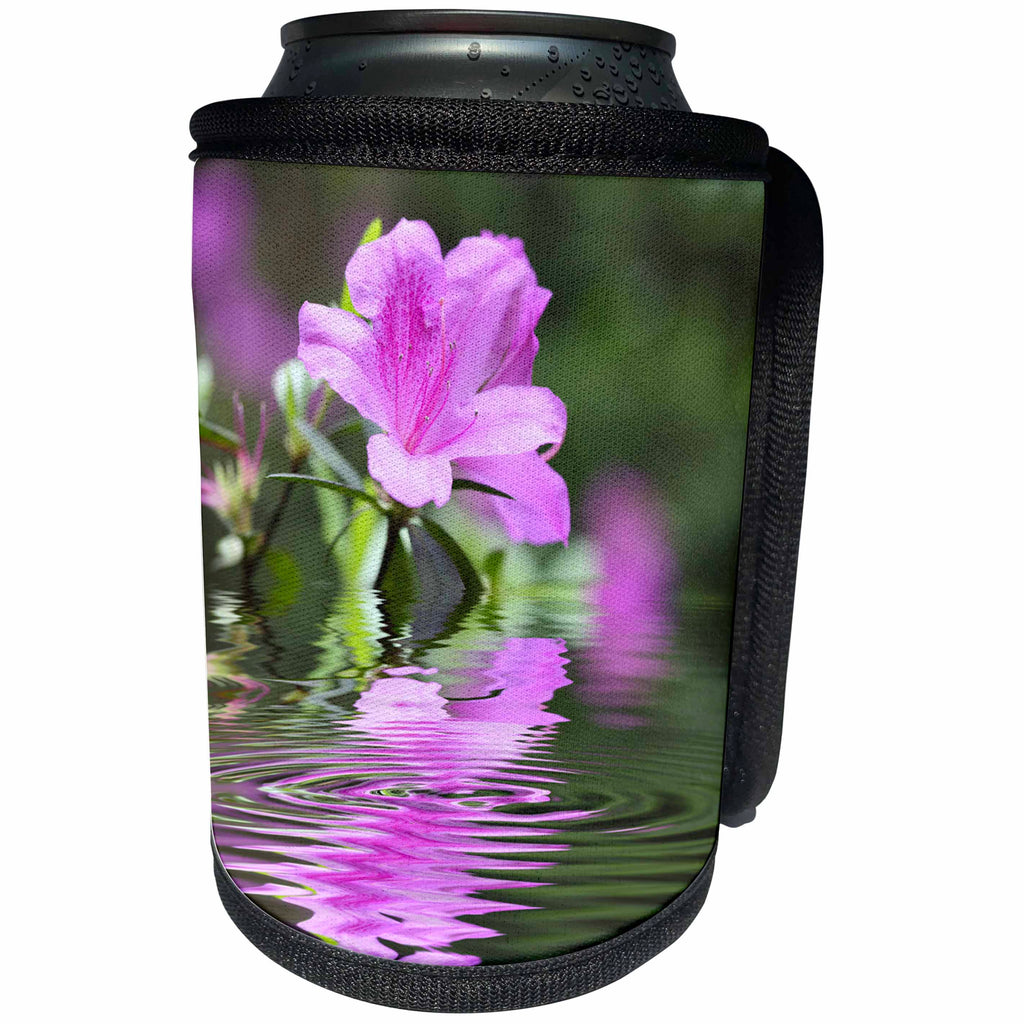 3dRose Andrea Haase Nature Photography - Pink azalea flower over rippled water - Can Cooler Bottle Wrap (cc_263021)