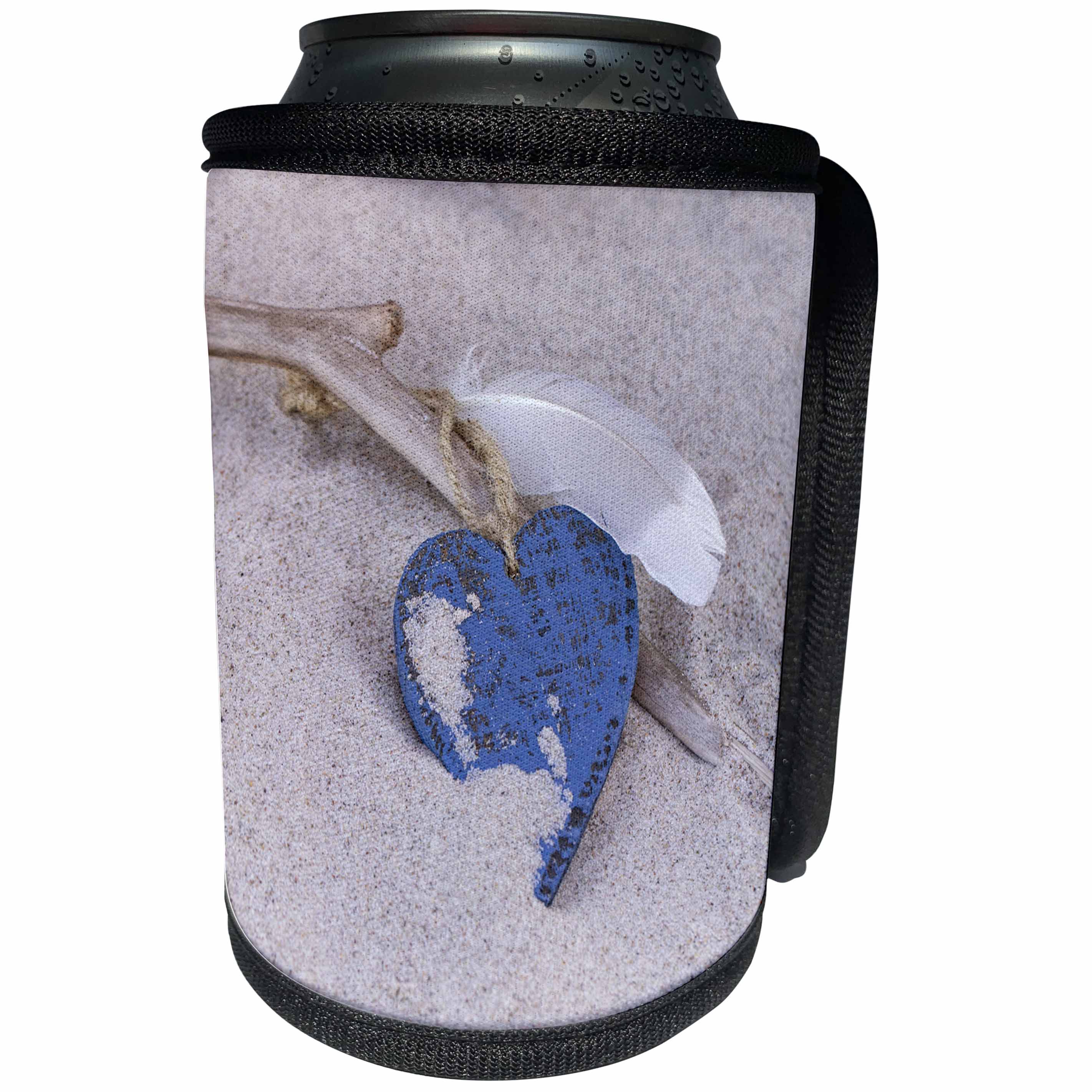 3dRose Andrea Haase Still Life Photography - Blue wooden heart and feather in the sand - Can Cooler Bottle Wrap (cc_263022)