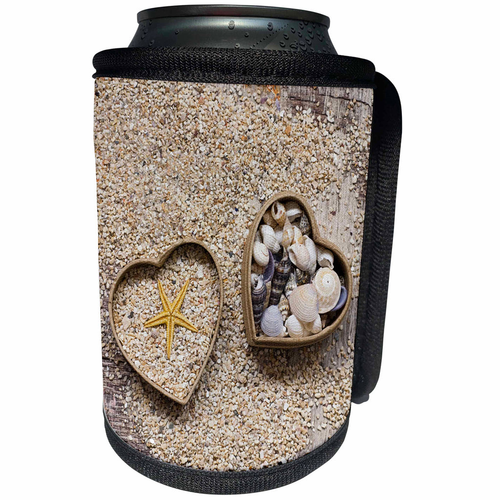 3dRose Andrea Haase Nature Photography - Two little heart shaped boxes filled with sea shells and starfish - Can Cooler Bottle Wrap (cc_263025)