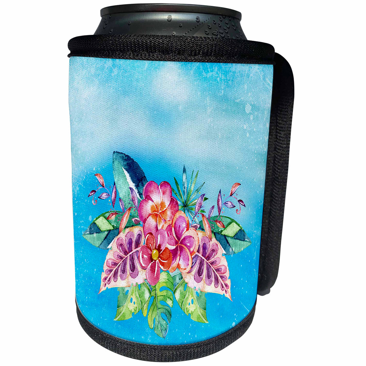 3dRose Uta Naumann Watercolor Illustration Flowers - Watercolor Tropical Flowers on Aqua Background - Can Cooler Bottle Wrap (cc_263038)
