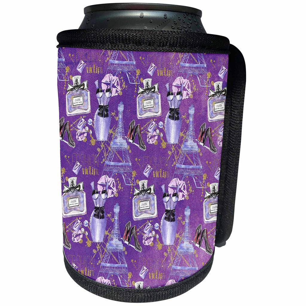 3dRose Uta Naumann Watercolor Pattern - Fashion Victim in Paris with Eiffel Tower and Perfume for Girlies - Can Cooler Bottle Wrap (cc_263051)
