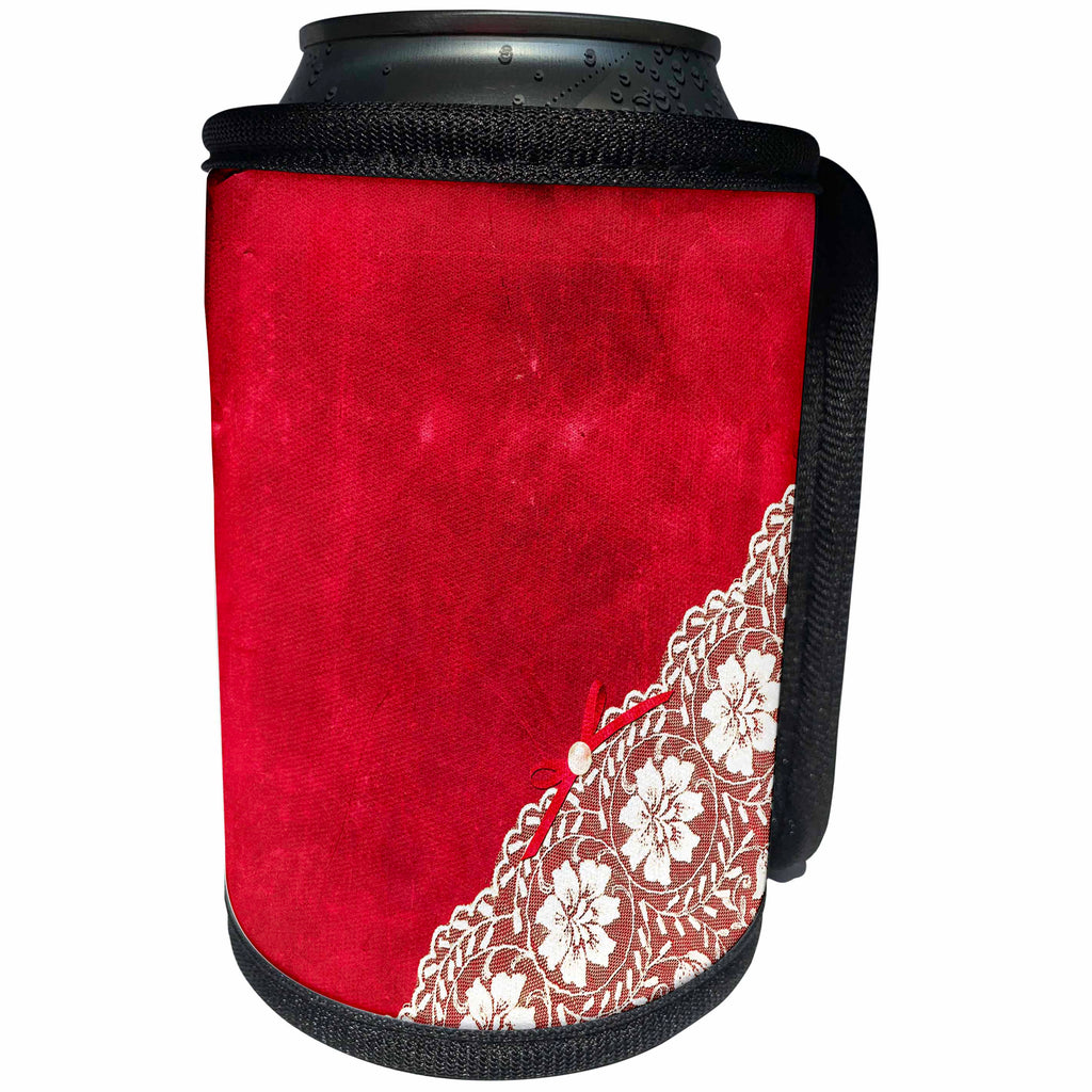3dRose Uta Naumann Vintage Lace Collection - Floral White Lace with Ribbon and Pearl on Red Vintage Background - Can Cooler Bottle Wrap (cc_263052)