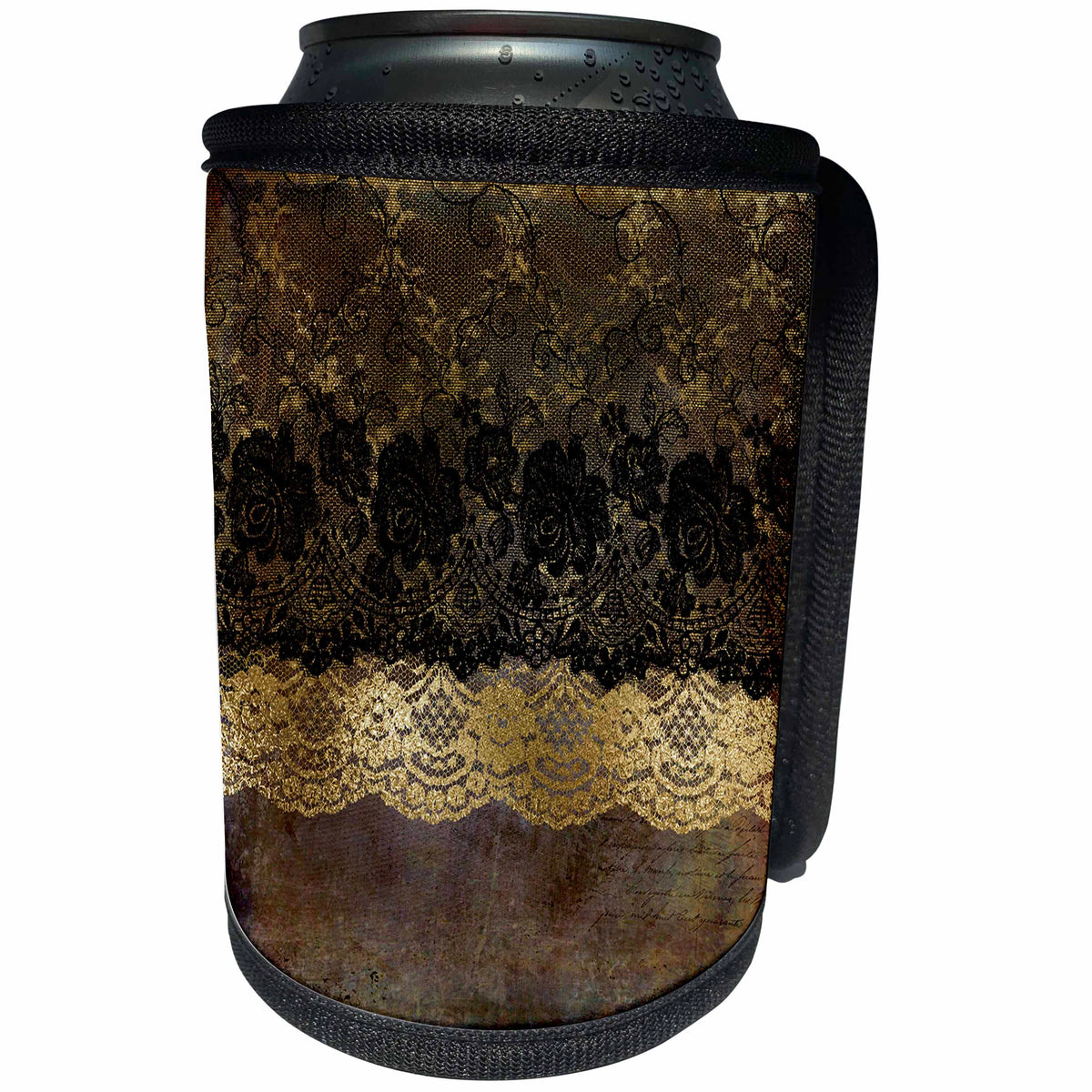 3dRose Uta Naumann Vintage Lace Collection - Black and Gold Floral Luxury Lace on Grunge Background - Can Cooler Bottle Wrap (cc_263053)