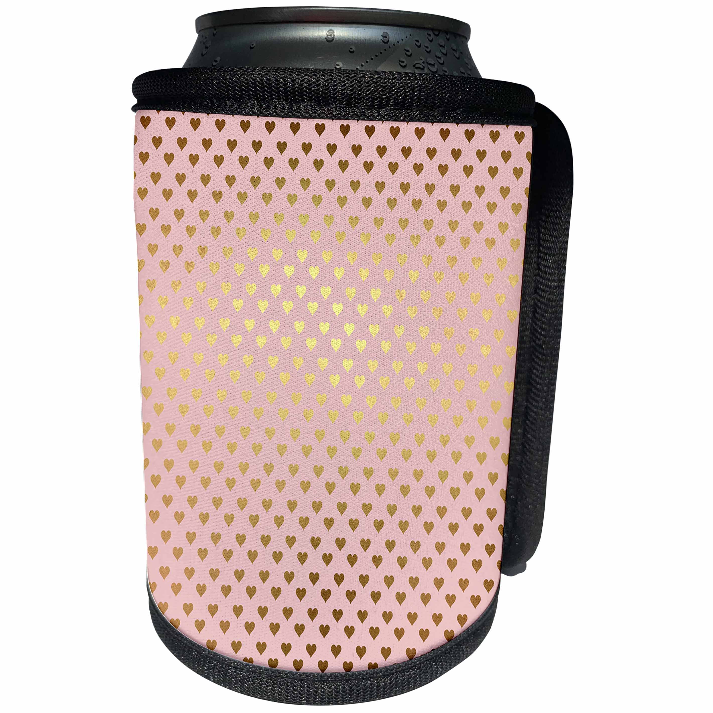 3dRose Uta Naumann Pattern - Watercolor Pattern in Pink with Gold Glitter Hearts - Can Cooler Bottle Wrap (cc_263057)