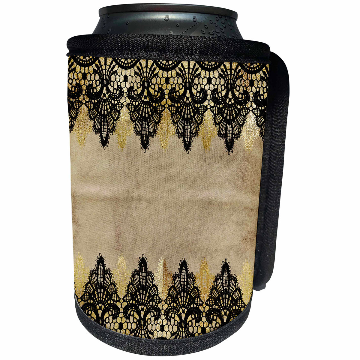 3dRose Uta Naumann Vintage Lace Collection - Vintage Design Black and Gold Floral Lace on Grunge Paper - Can Cooler Bottle Wrap (cc_263061)