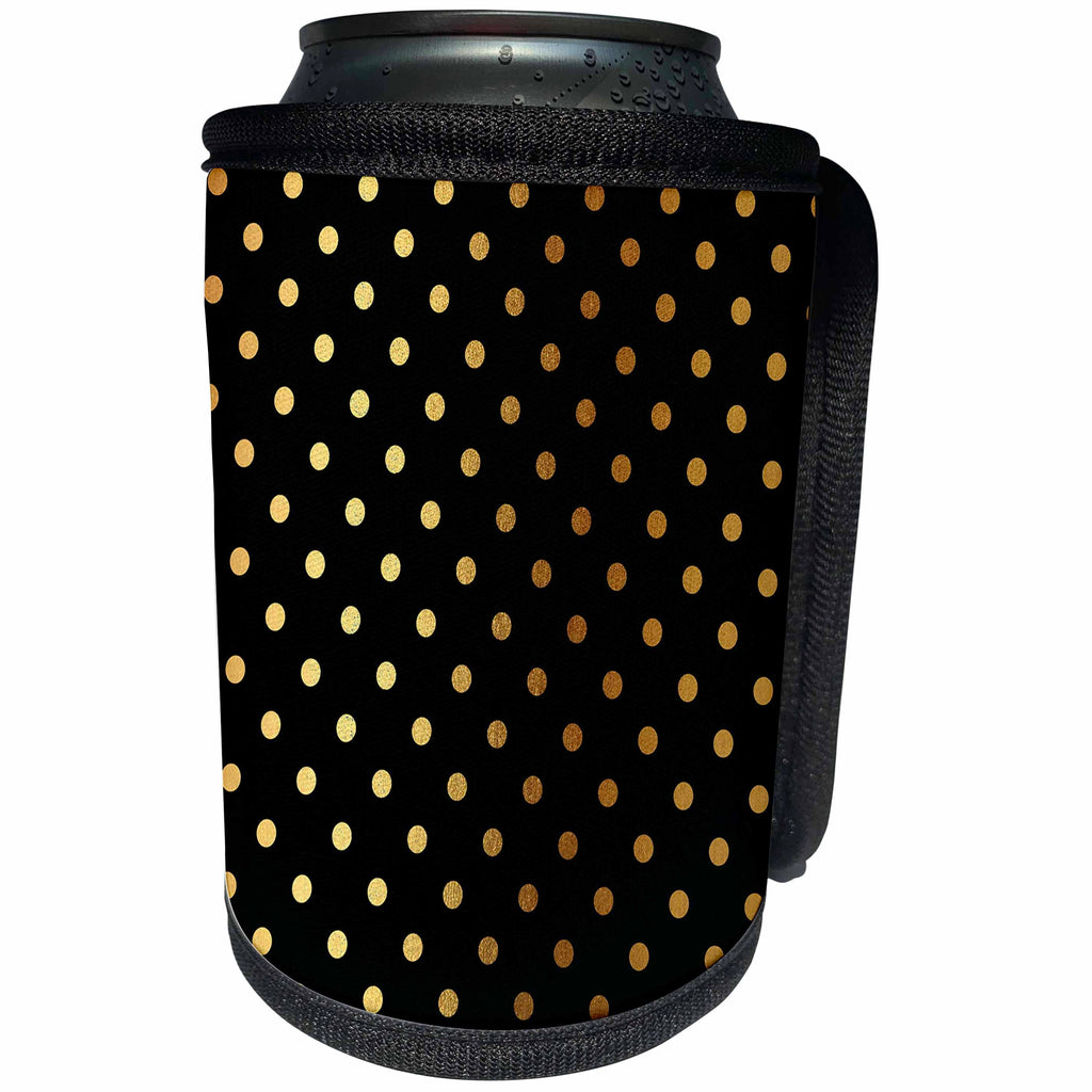 3dRose Uta Naumann Watercolor Pattern - Gold Glitter Polka dots on Black Background Pattern for Girlies - Can Cooler Bottle Wrap (cc_263066)