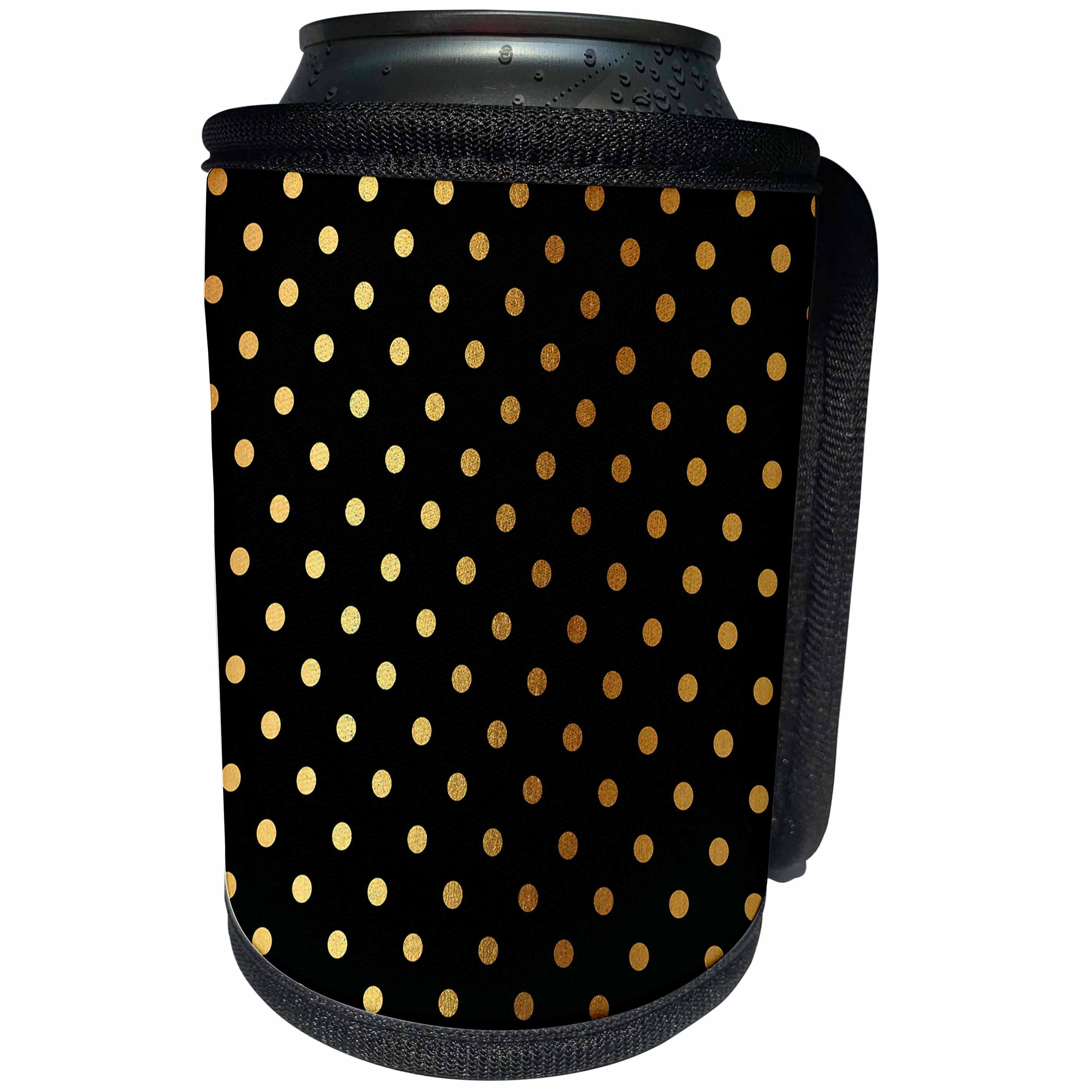 3dRose Uta Naumann Watercolor Pattern - Gold Glitter Polka dots on Black Background Pattern for Girlies - Can Cooler Bottle Wrap (cc_263066)