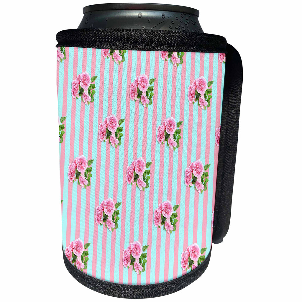 3dRose Uta Naumann Watercolor Pattern - Cute Watercolor Rose pattern with Stripes in Pink and Aqua - Can Cooler Bottle Wrap (cc_263077)