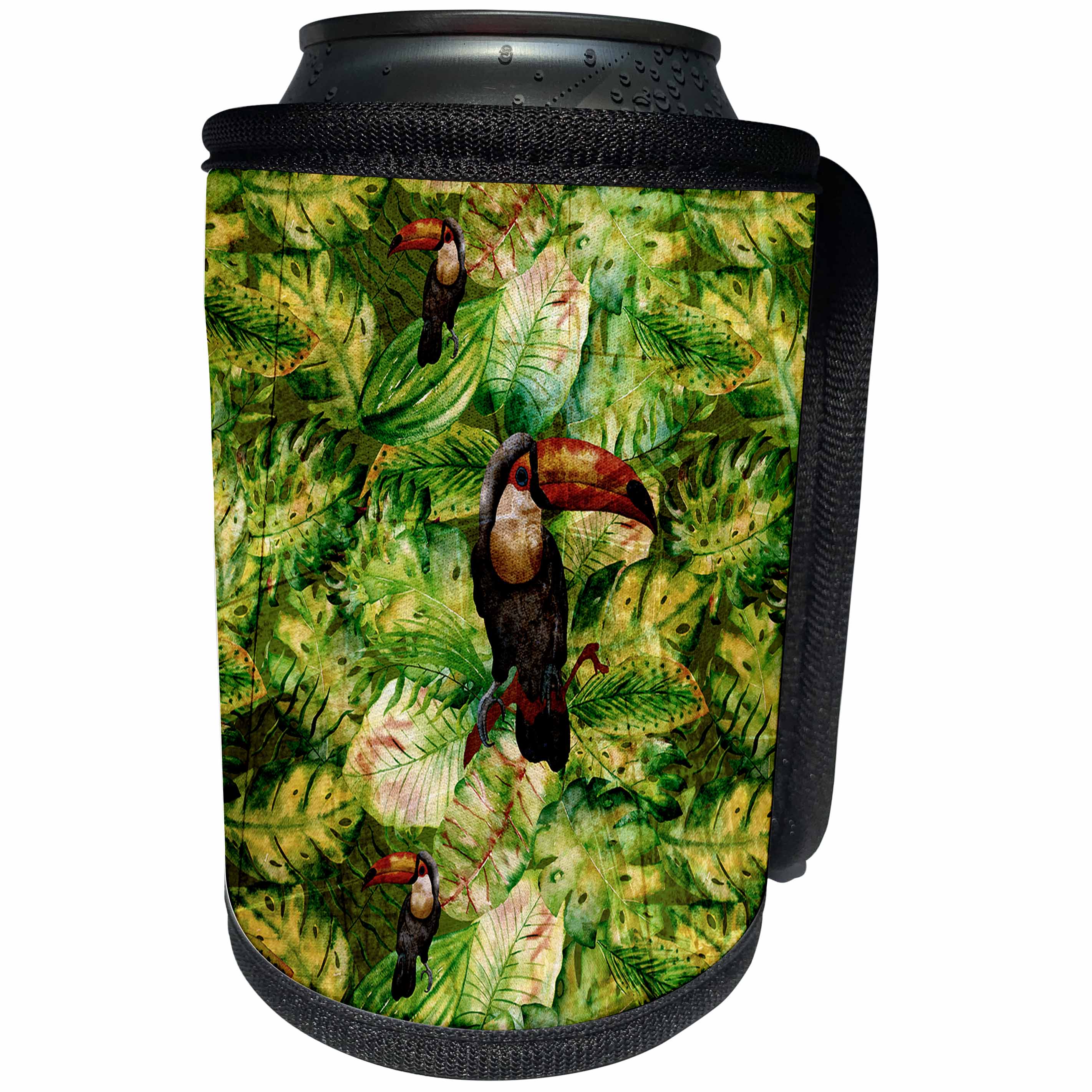 3dRose Uta Naumann Watercolor Illustration Animal - Tropical Grunge Watercolor Pattern with Exotic Bird in Jungle - Can Cooler Bottle Wrap (cc_263086)
