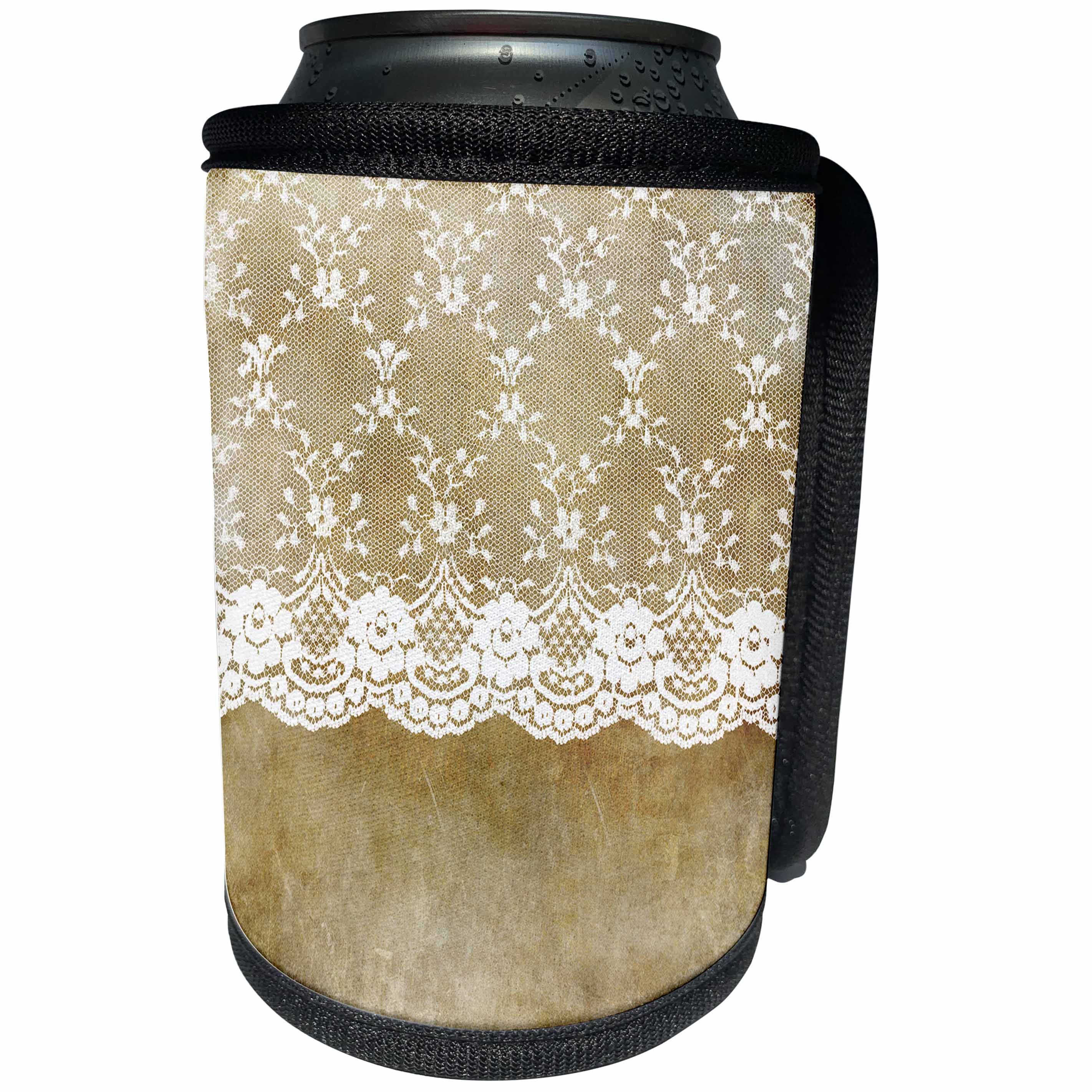 3dRose Uta Naumann Vintage Lace Collection - White Floral Lace on Grunge Paper Background - Can Cooler Bottle Wrap (cc_263115)