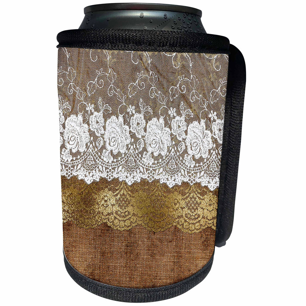 3dRose Uta Naumann Vintage Lace Collection - White and Gold Floral Lace on Grunge Linen Fabric - Can Cooler Bottle Wrap (cc_263125)