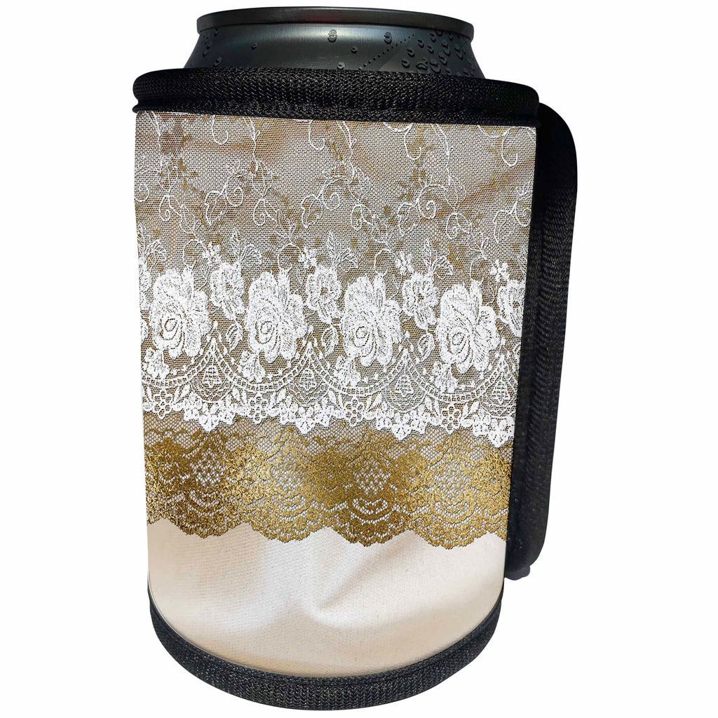 3dRose Uta Naumann Vintage Lace Collection - White and Gold Floral Bridal Lace on Cream Silk Fabric - Can Cooler Bottle Wrap (cc_263126)