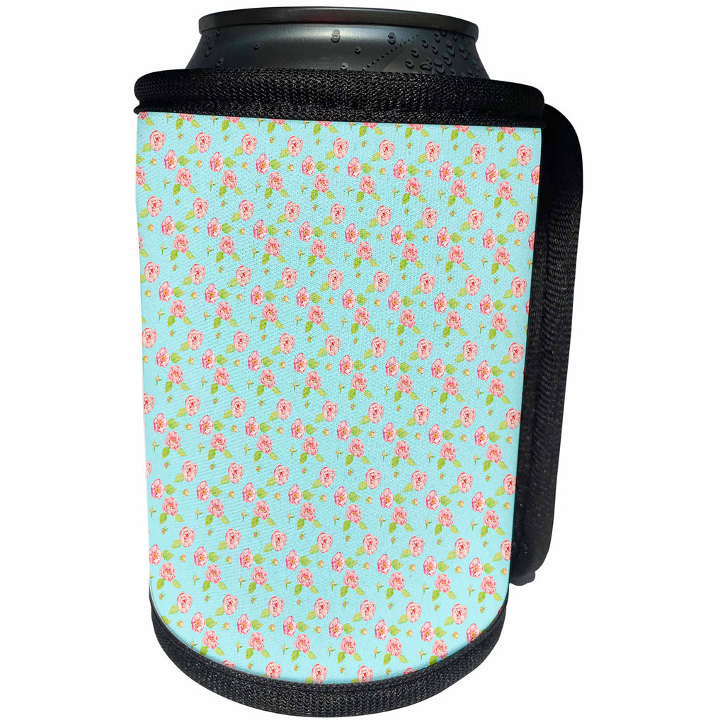 3dRose Uta Naumann Watercolor Pattern - Pink Rose Pattern on Aqua Background - Can Cooler Bottle Wrap (cc_263130)