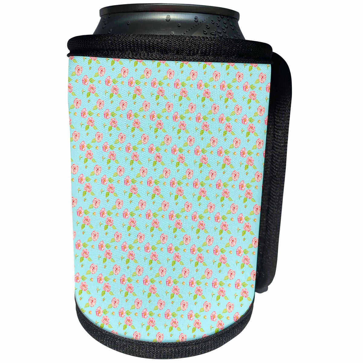 3dRose Uta Naumann Watercolor Pattern - Pink Rose Pattern on Aqua Background - Can Cooler Bottle Wrap (cc_263130)