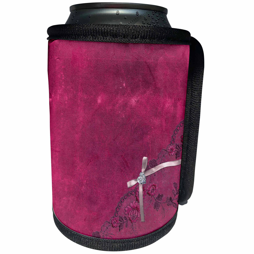 3dRose Uta Naumann Vintage Lace Collection - Floral Black Lace with Ribbon and Pearl On A Burgundy Vintage Background - Can Cooler Bottle Wrap (cc_263136)