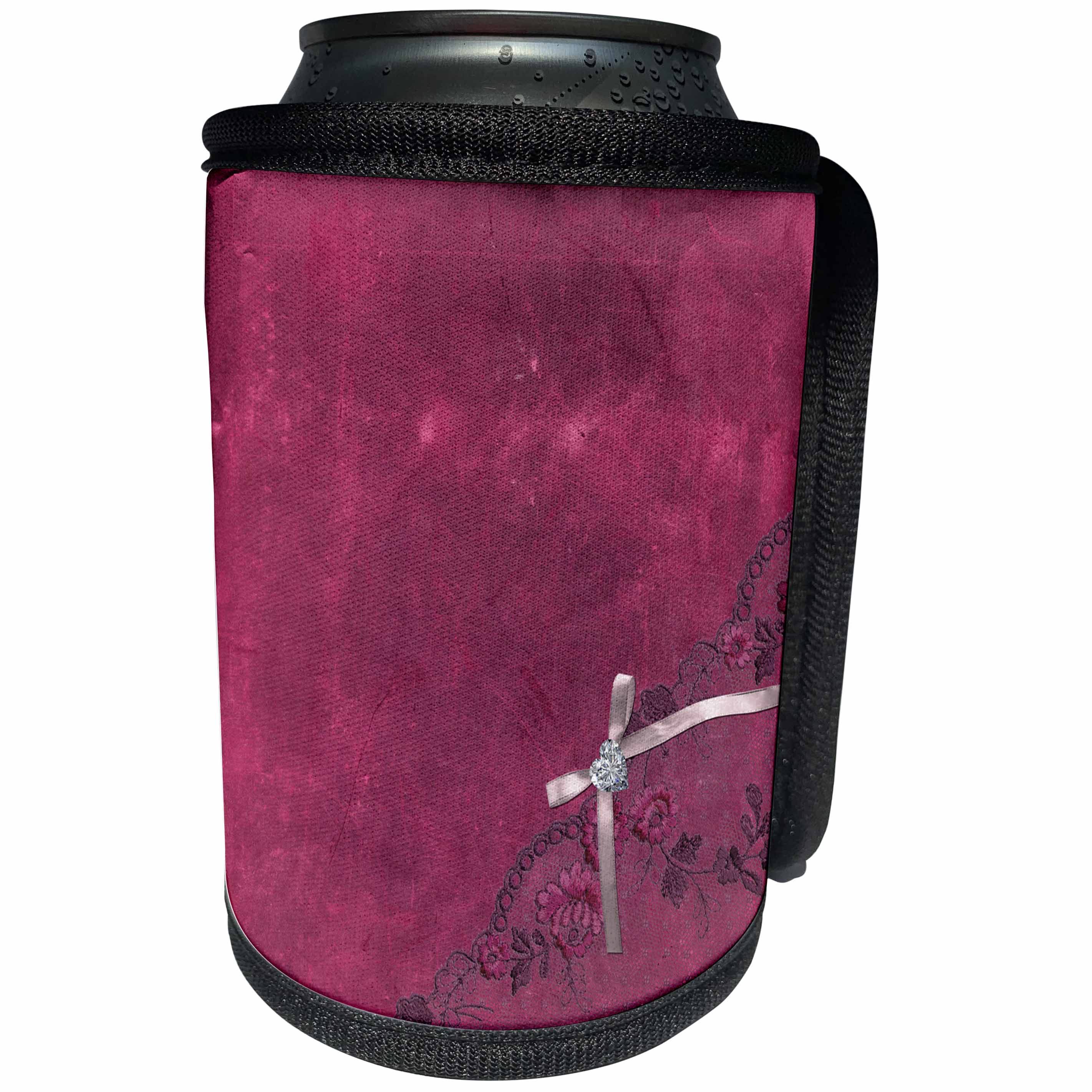 3dRose Uta Naumann Vintage Lace Collection - Floral Black Lace with Ribbon and Pearl On A Burgundy Vintage Background - Can Cooler Bottle Wrap (cc_263136)